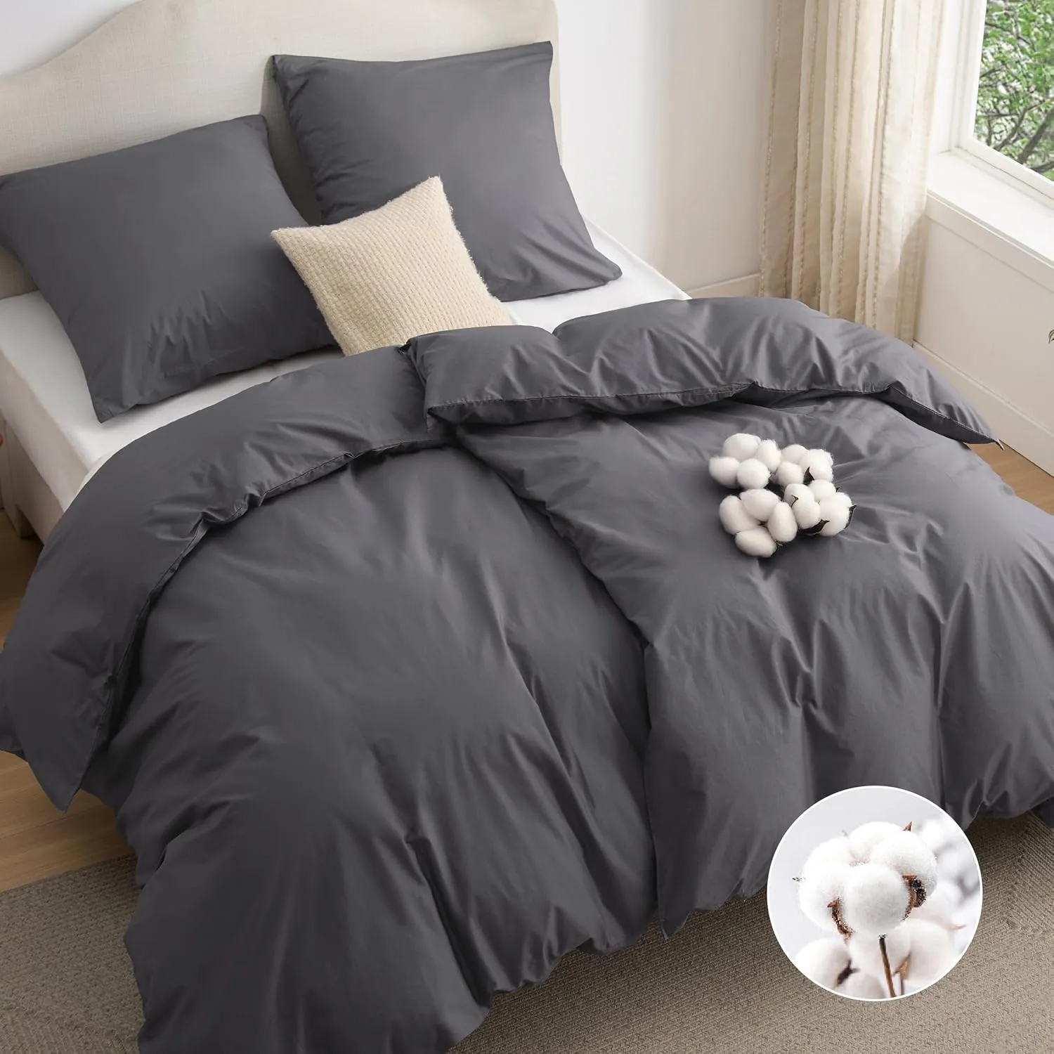 BEDSURE Bettwäsche 135x200 Baumwolle 4tlg. - Dunkelgrau Set 2x80x80 Kissen