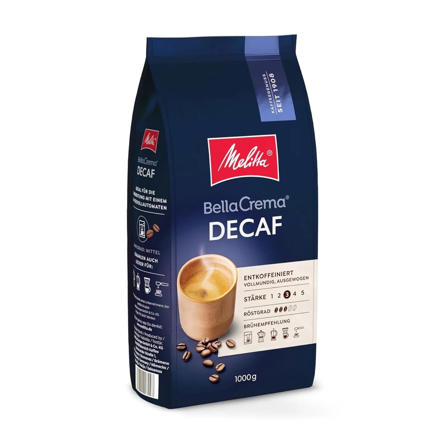 Melitta BellaCrema Decaf Ganze Kaffee-Bohnen entkoffeiniert 1kg, ungemahlen, Kaffeebohnen für Kaffee-Vollautomat, koffe…