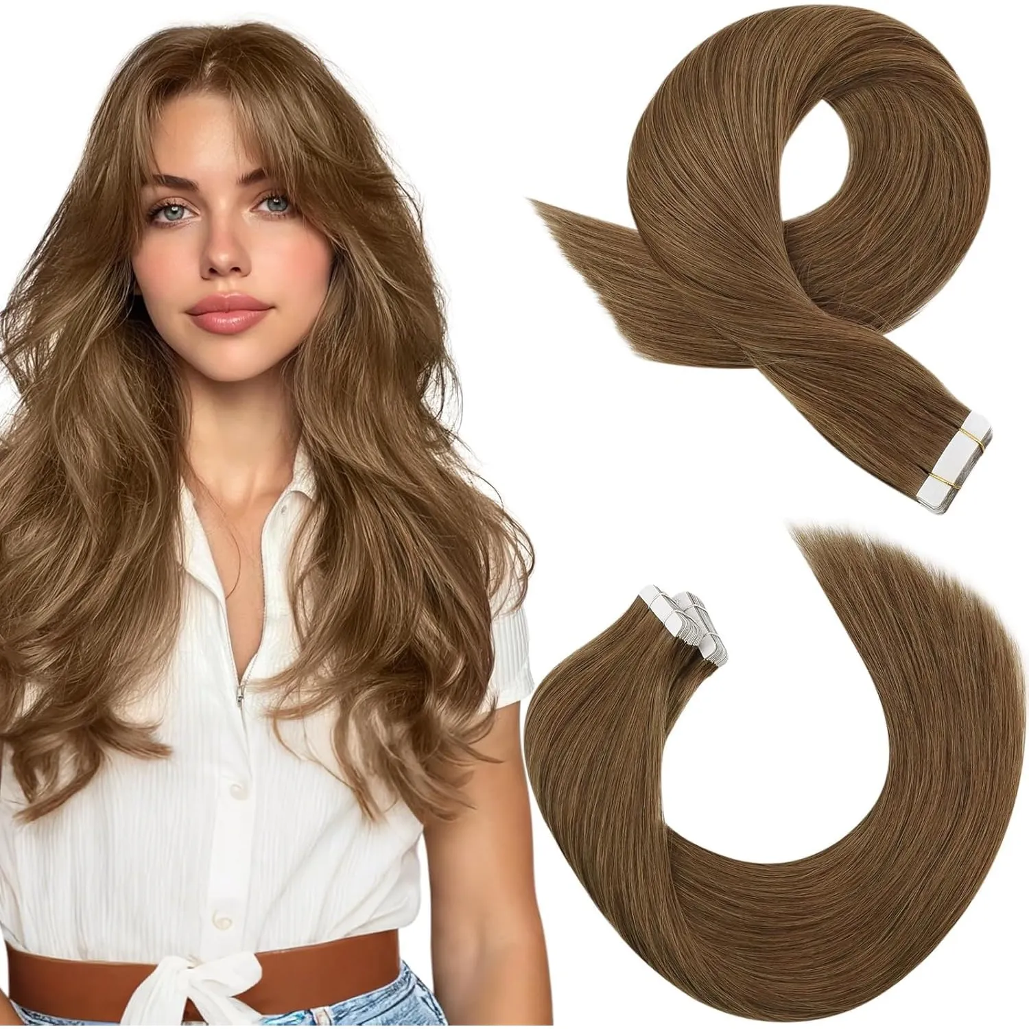 Moresoo Invisible Tape Extensions Echthaar Hellbraun 45 cm 20 Stück 50 g