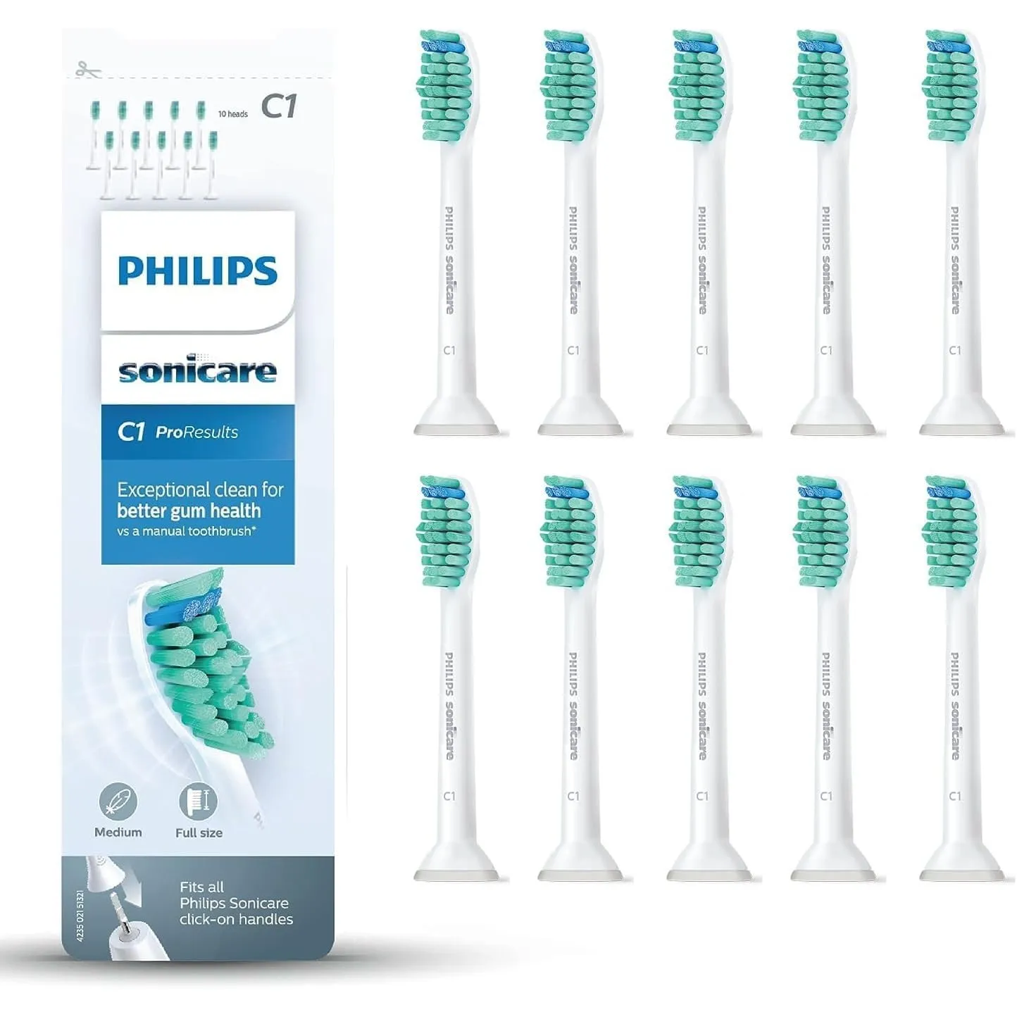 Philips Sonicare C1 ProResults-Bürstenköpfe für elektrische Schallzahnbürsten, 10 Stück (Modell HX6010/32)