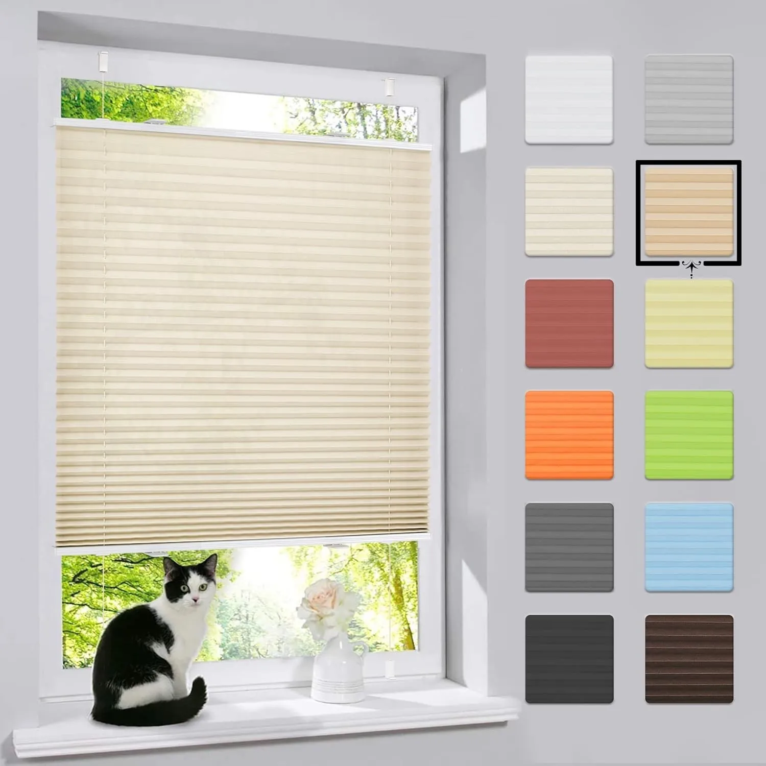 bobodeco Plissee ohne Bohren Klemmfix Faltrollo Jalousie Creme 35x100cm (BxH), Plisseerollo Sichtschutz und Sonnenschut…