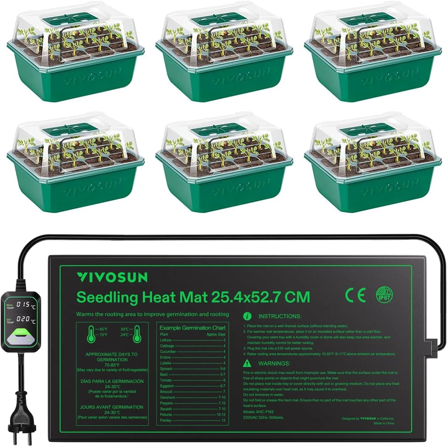 VIVOSUN 6er-Set Anzuchtset mit 25,4×52,7 cm Pflanzen-Heizmatte
