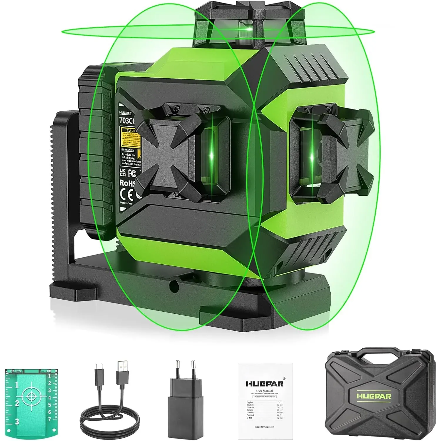 Huepar 3 x 360 Kreuzlinienlaser Selbstnivellierend, Laserwasserwaage grün 3D mit Pulsmodus, 12 laserliner mit wiederauf…
