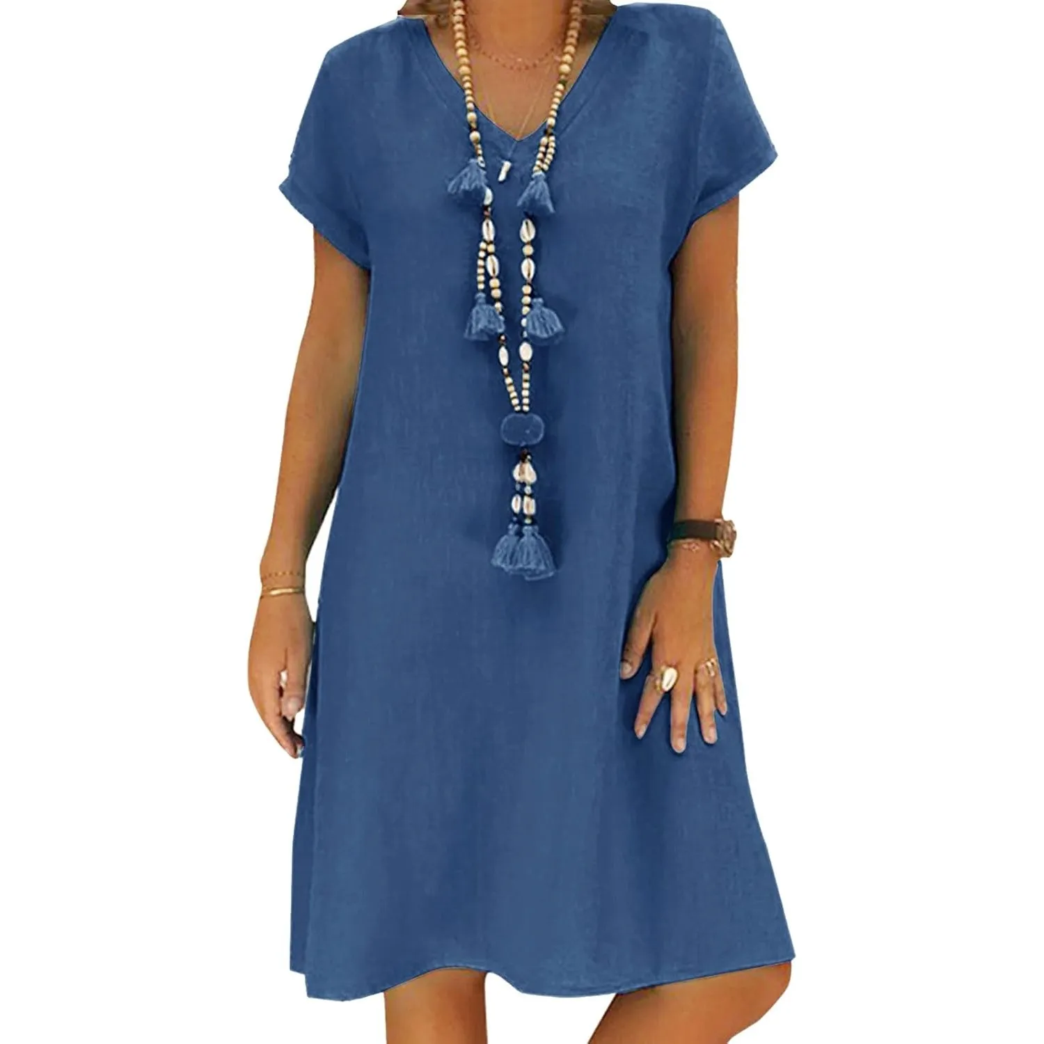 Tincini Sommerkleid Damen Leinen Kleider Casual V-Ausschnitt Midikleid Kurzarm A-Linie Kleid Strandkleid Ohne Zubehör