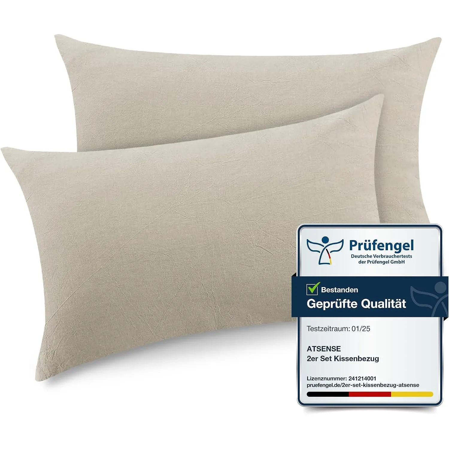 ATsense 2er Set Kissenbezug 40x60 cm - 100% Gewaschene Baumwolle, Beige-grau Kopfkissenbezug mit Reißverschluss, Oeko-T…
