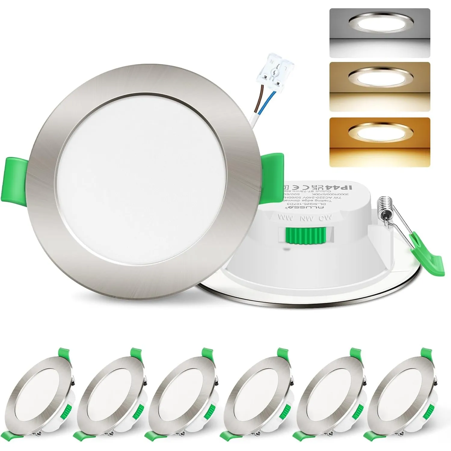 ALUSSO LED Einbaustrahler 230V 7W 3CCT Dimmbar 68mm Spots, Nickel 6er Set