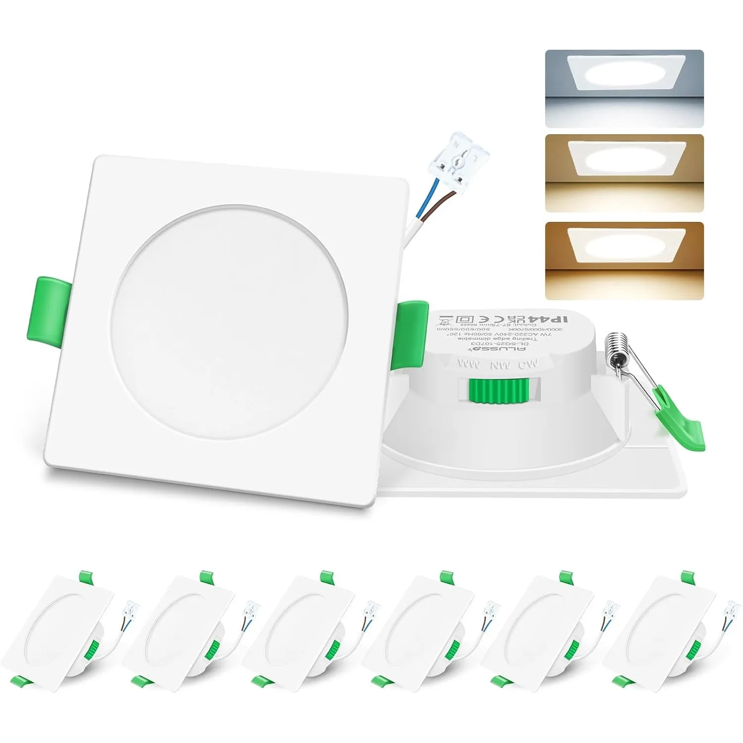 ALUSSO LED Einbaustrahler 230V 7W 3CCT Dimmbar 68mm, Quadrat Weiss 6er Set