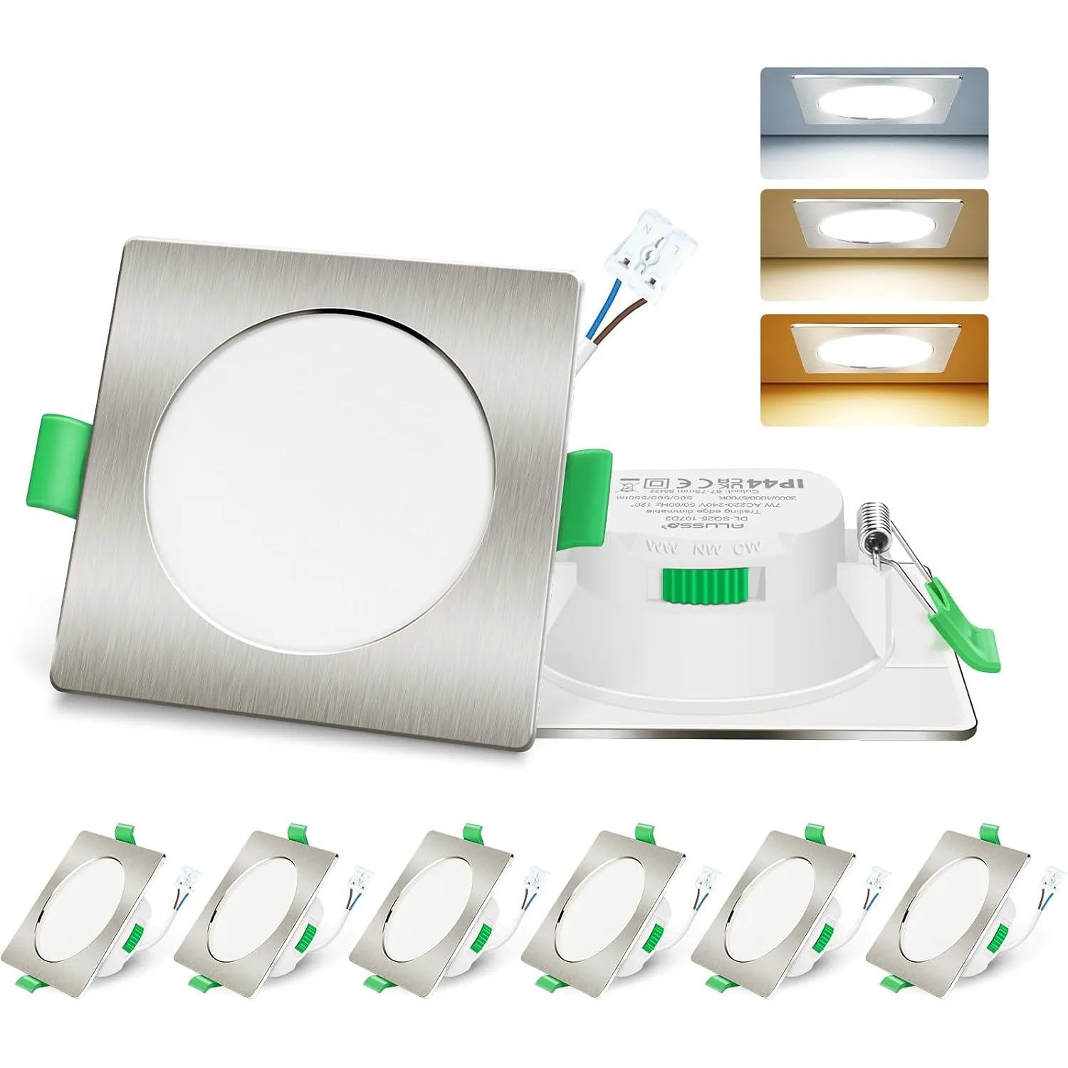ALUSSO LED Einbaustrahler 230V 7W 3CCT Dimmbar 68mm, Quadrat Nickel 6er Set