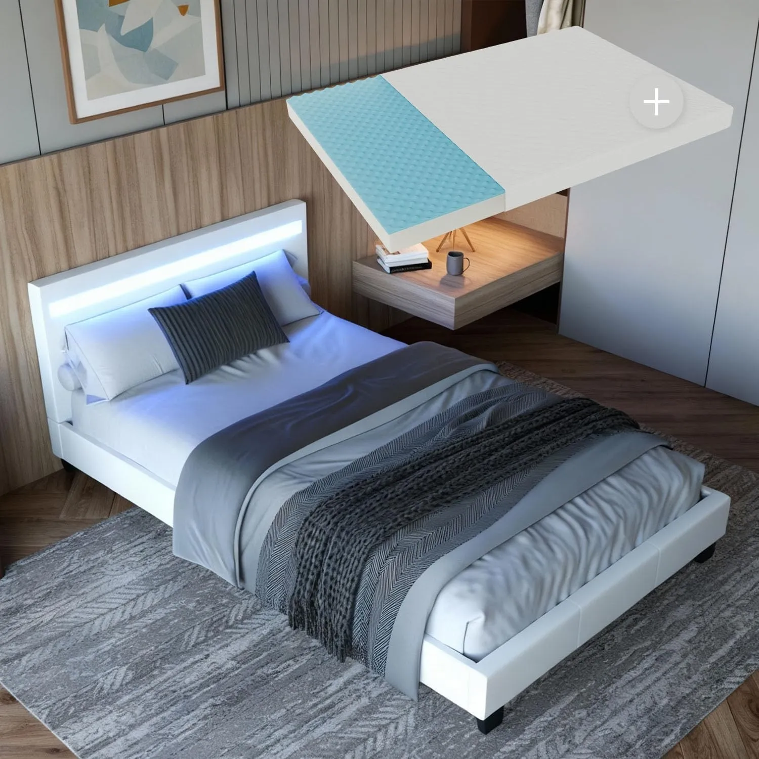 Juskys Polsterbett Paris 120x200 cm - Bett komplett mit LED-Beleuchtung, Matratze und Lattenrost - Kunstleder Bezug - w…