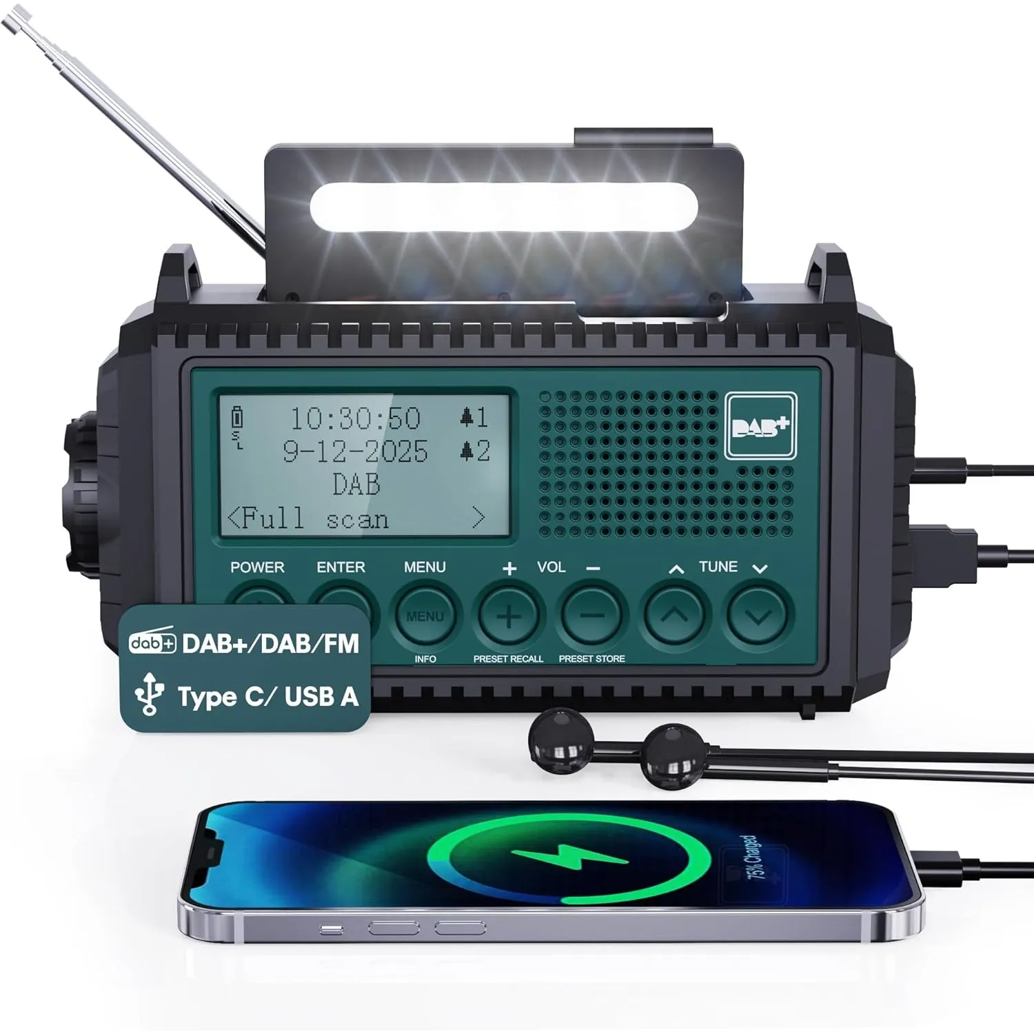 Kurbelradio DAB+/DAB/UKW mit 5000mAh Akku Wiederaufladbare, Notfallradio mit Taschenlampe & Leselicht, Tragbare Camping…