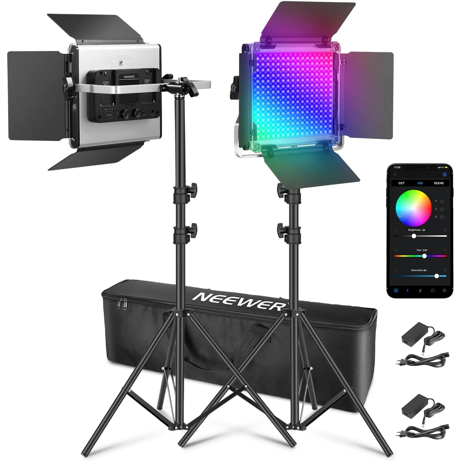 NEEWER 2X Verbesserte 660 PRO II 50W RGB LED Videoleuchte Panel Set Stative Ständer mit App Steuerung Videolicht 360° V…