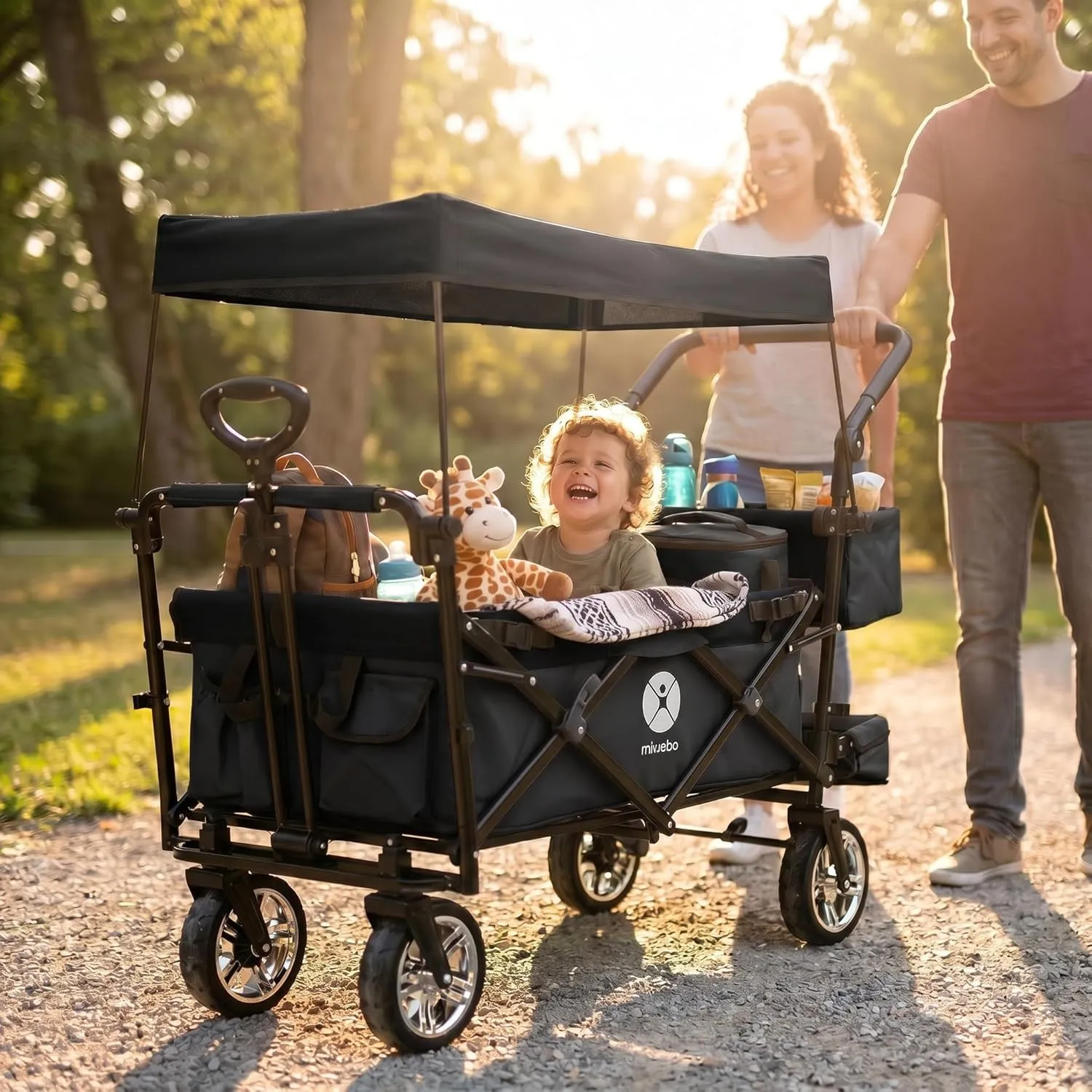 Miweba Faltbarer Bollerwagen MB-20 (Schwarz) | Sonnendach UV-beständig | 2x Anschnallgurte | Feststellbremse | Transpor…