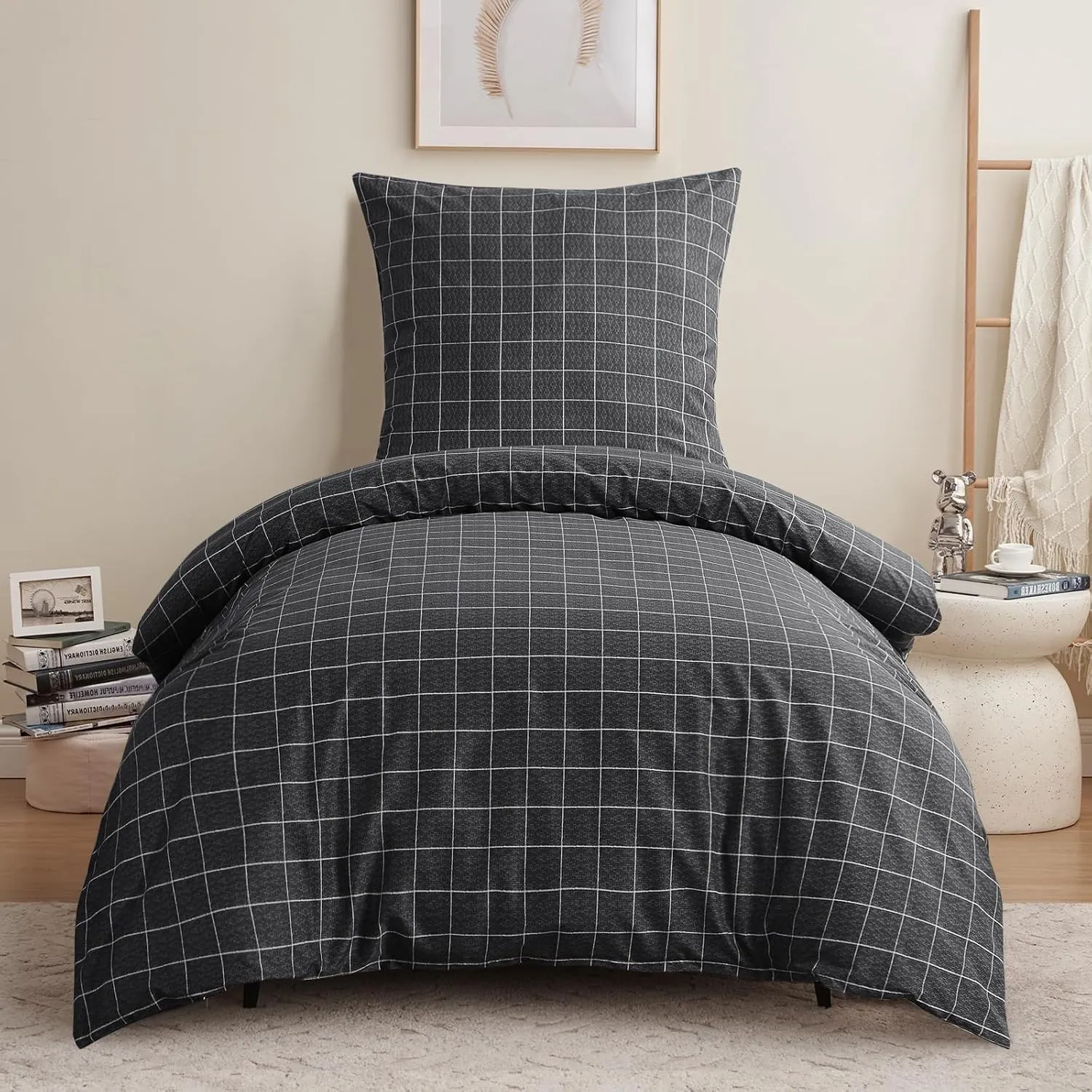 RUIKASI Bettwäsche 155x220 2 teilig Anthrazit - Bettbezug 155 x 220 Set mit Gitter Muster, Bettwäsche-Sets 155x220cm au…