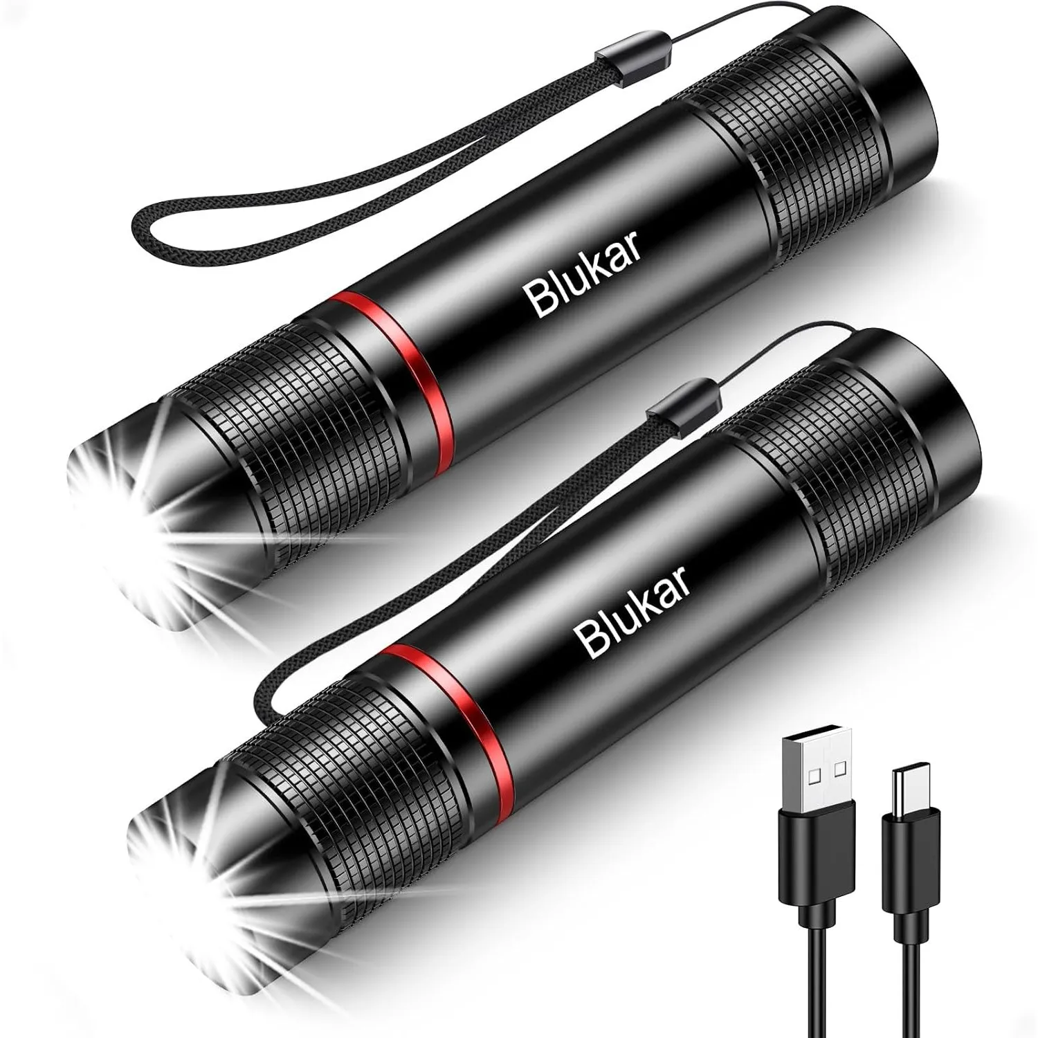 Blukar LED Taschenlampe Aufladbar, Superhelle Zoombar Mini Torch - 2 Stück
