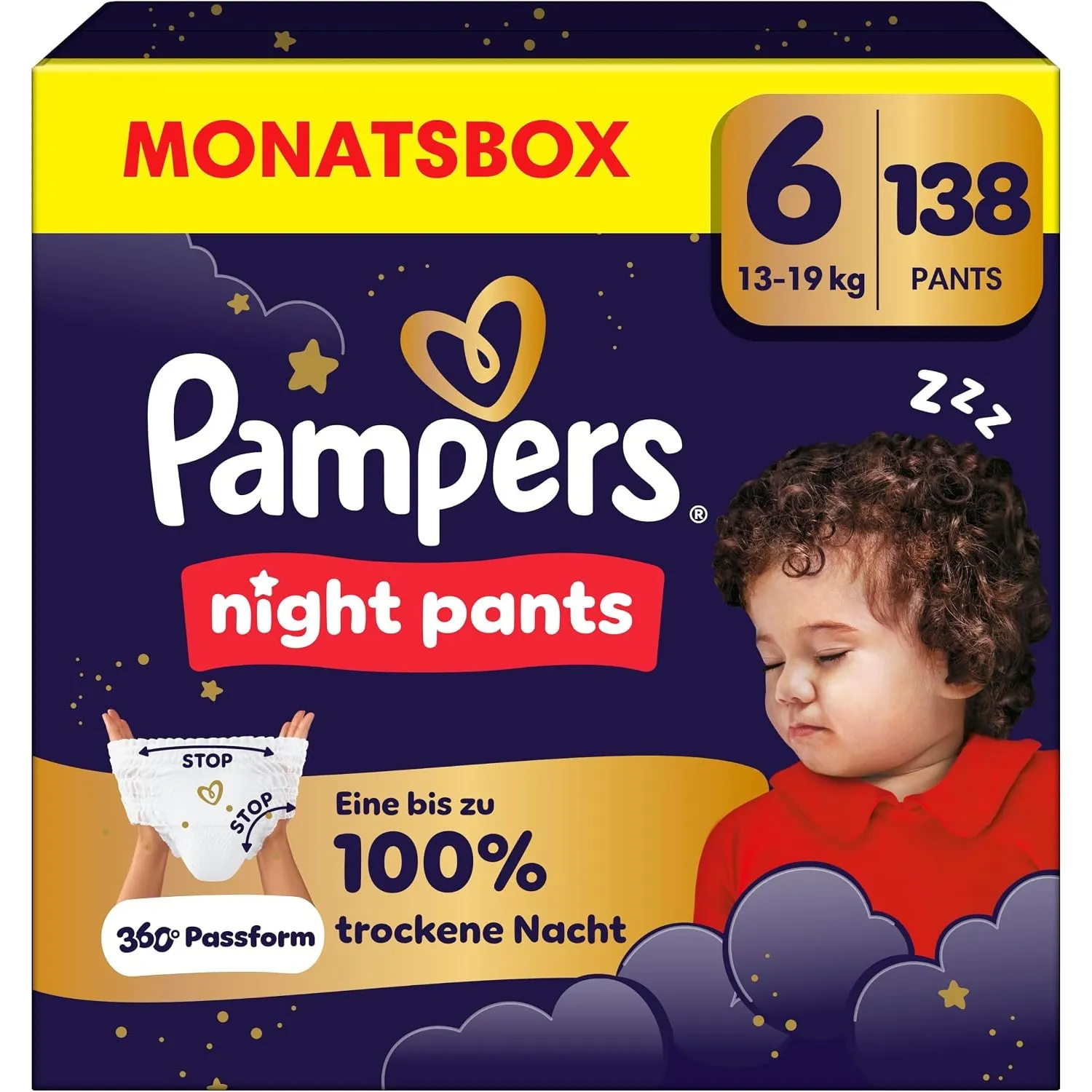 Pampers Night Pants Größe 6, 138 Windeln, 13kg-19kg, bieten zusätzlichen Schutz für die ganze Nacht