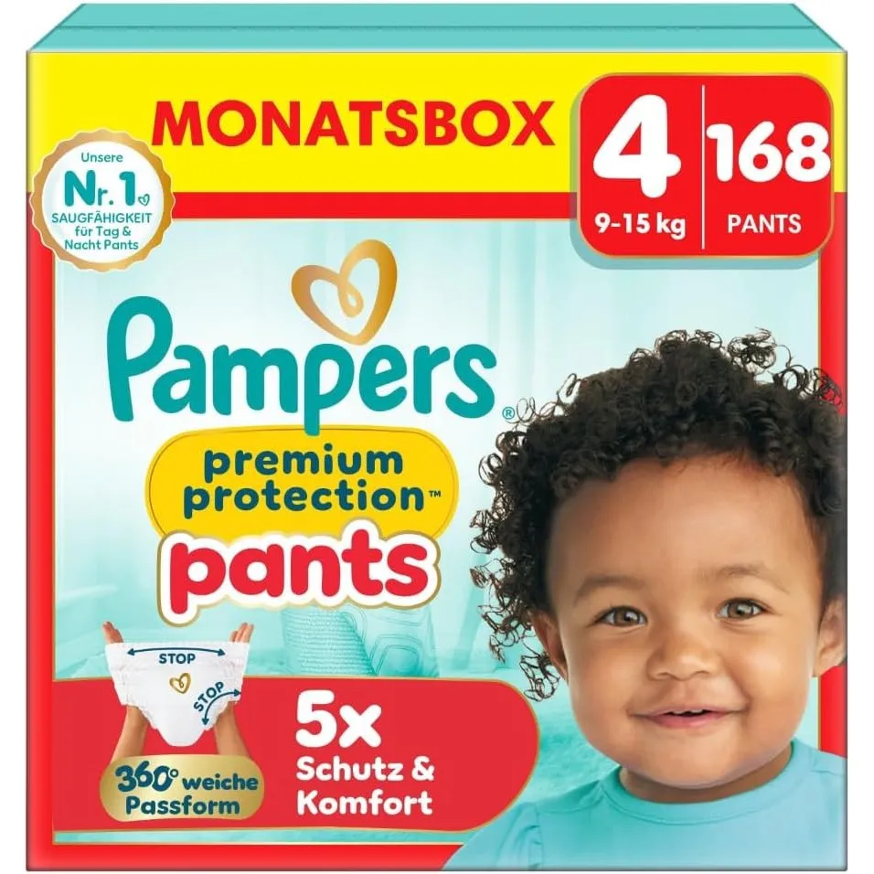 Pampers Premium Protection Pants Größe 4, 168 Windeln, 9kg-15kg, Mit 360° Passform und 2x breiteren Bündchen als vorher…