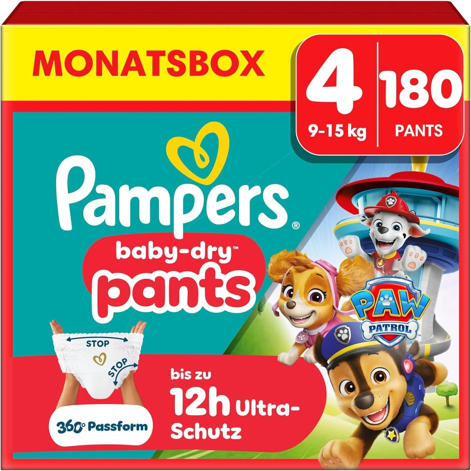 Pampers Baby-Dry Pants Paw Patrol Edition Größe 4, 180 Windeln, 9kg-15kg, 360° Passform hilft, Auslaufen zu verhindern