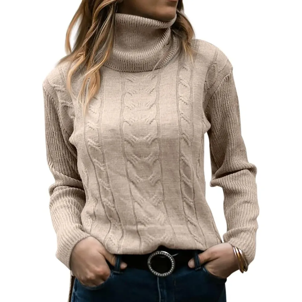 GeGekoko Pullover Damen Rollkragenshirt Cable Knit Elegant Langarm Tops Lose Grobstrick Casual Weich Jumper Sweater