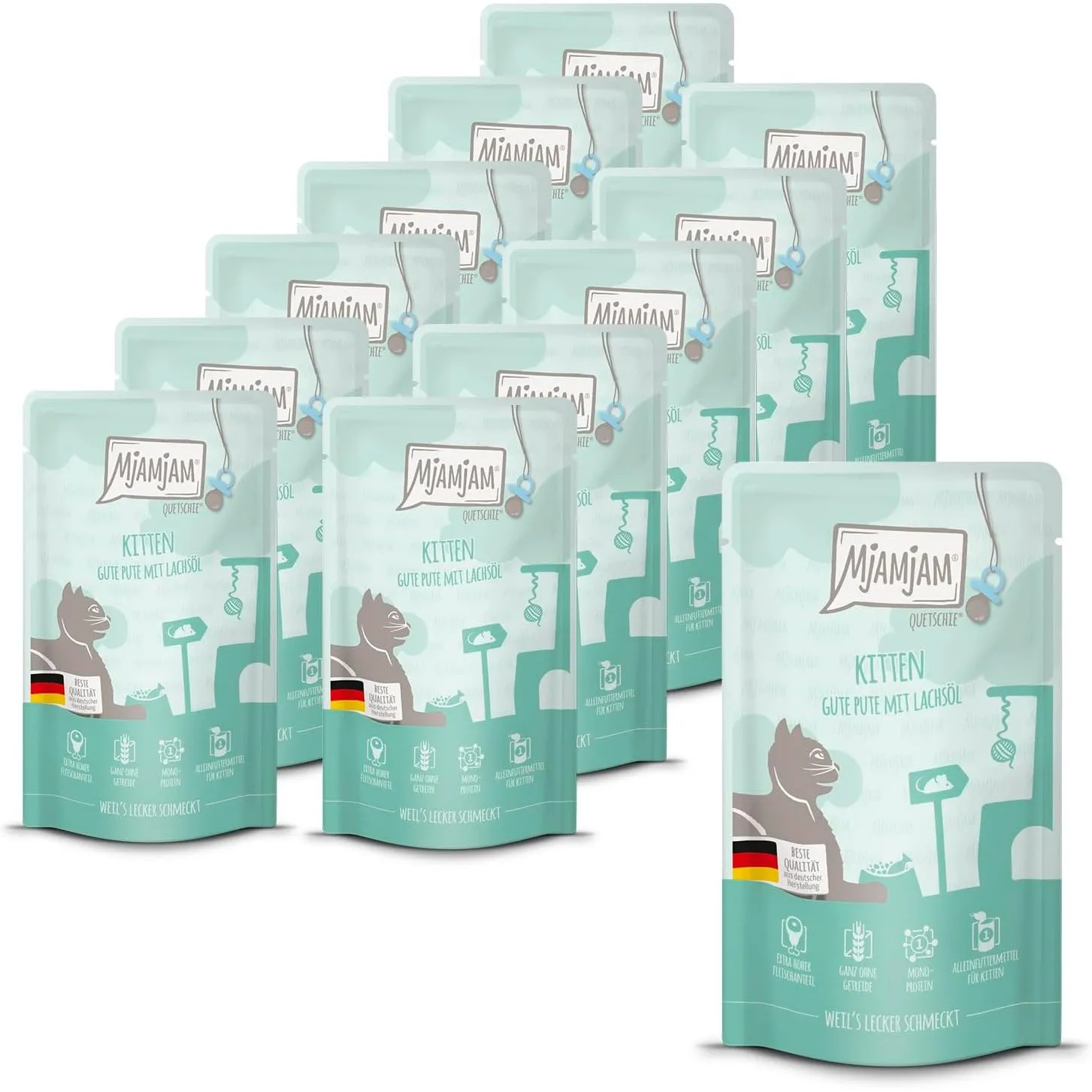 MjAMjAM - Premium Nassfutter für Katzen - Quetschie - Kitten gute Pute mit Lachsöl, 12er Pack (12x125g), getreidefrei
