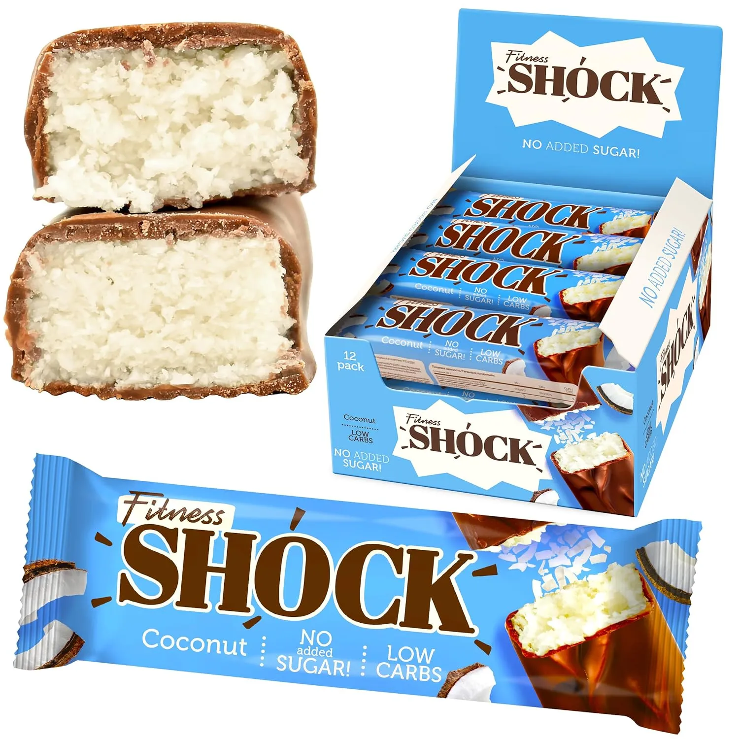 FitnesSHOCK Low Carb Riegel ohne Zucker 12-er Pack in dunkler Schokolade, 3,5g carbs, Fitness Eiweissriegel, ohne Mehl …