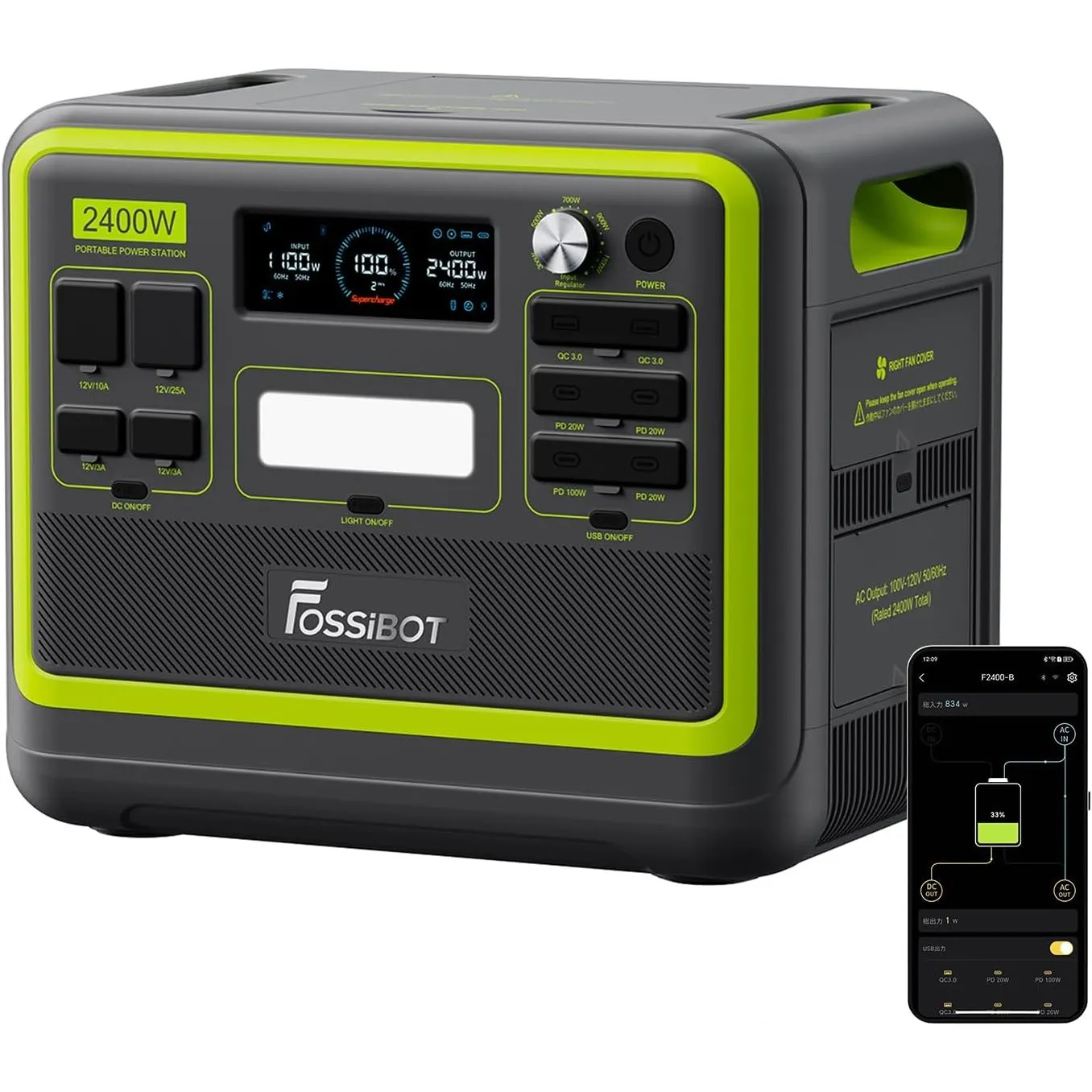 FOSSiBOT Tragbare Powerstation F2400, Solargenerator 2048Wh LiFePO4 Batterie-Backup mit 2400W 3X AC Ausgängen (4800W Pe…