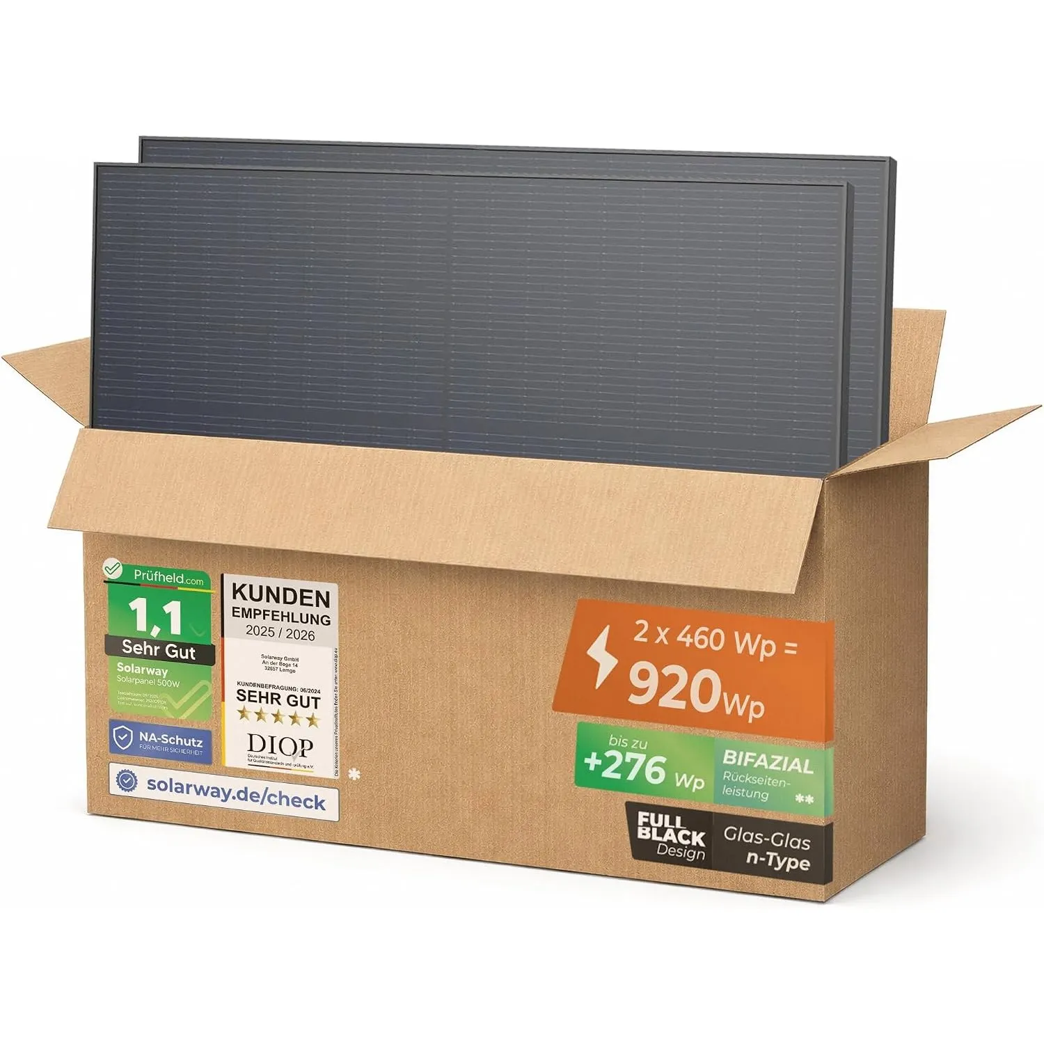 Solarway 460W Solarpanel Full Black Bifazial Glas/Glas PV Panel mit positiver Leistungstoleranz von 0-5 Watt, n-type, g…
