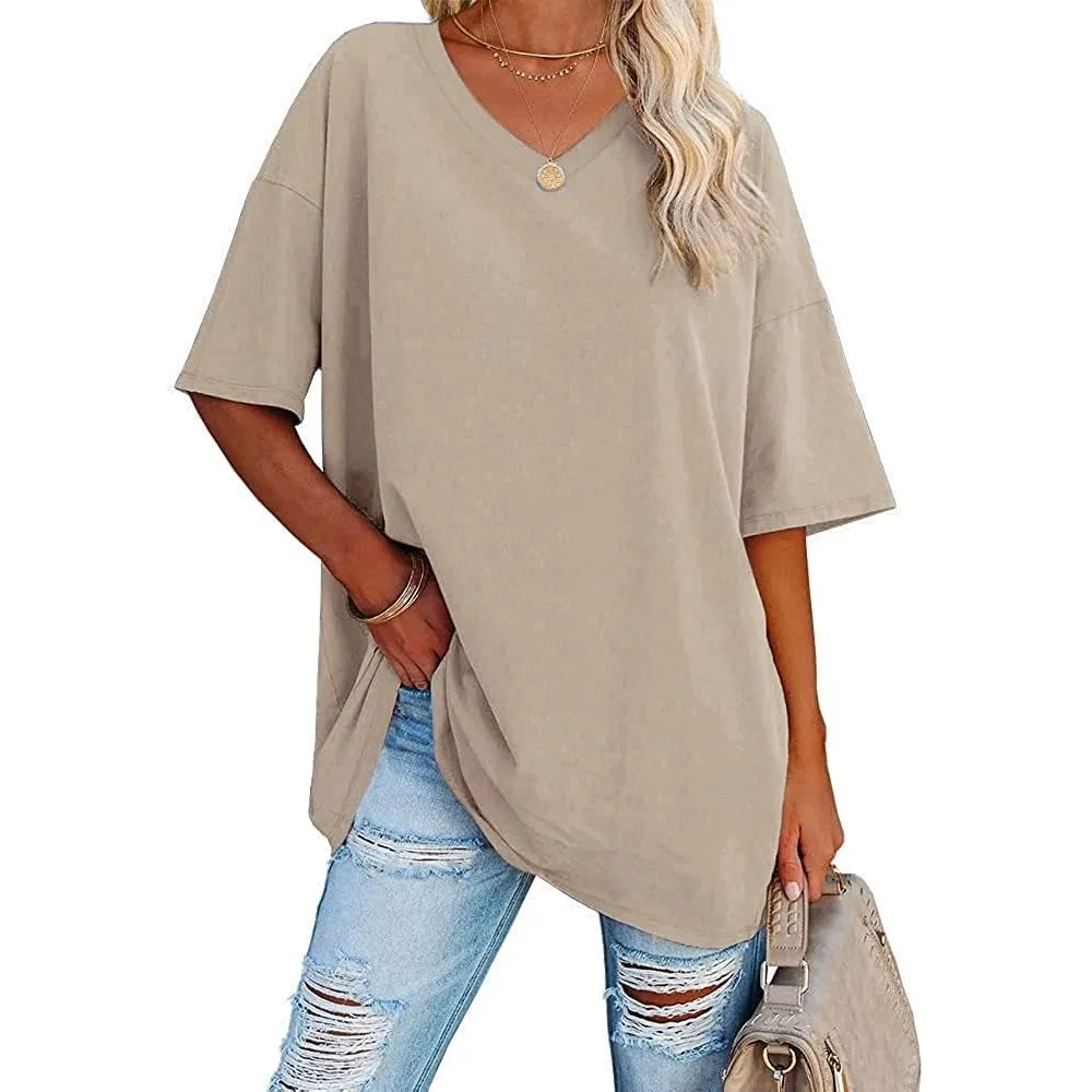 Ebifin Damen Oversize T Shirt mit V-Ausschnitt Kurzärmeliges Casual Lockere Basic Sommer Tee Shirts Bluse.
