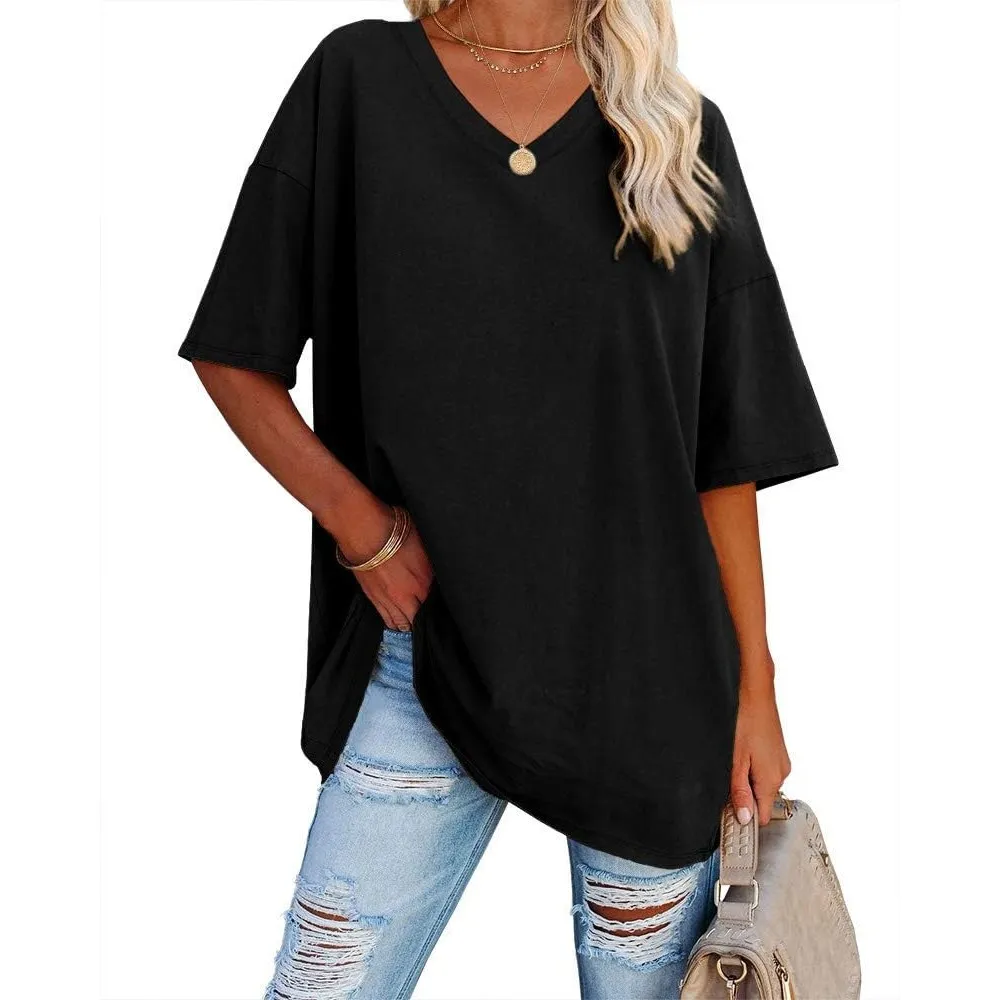 Ebifin Damen Oversize T Shirt mit V-Ausschnitt Kurzärmeliges Casual Lockere Basic Sommer Tee Shirts Bluse.