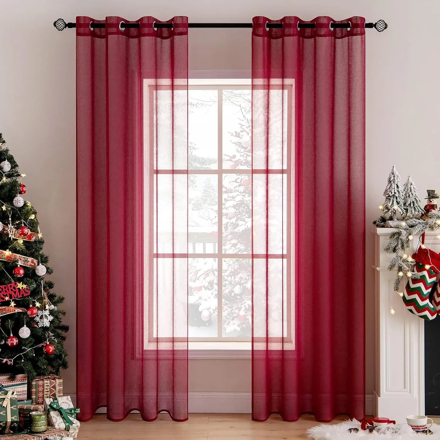 MIULEE Voile Vorhang mit Ösen transparent 140x300 cm 2er Set Rot | Transparente leichte Voile Gardine als Ösenschal für…