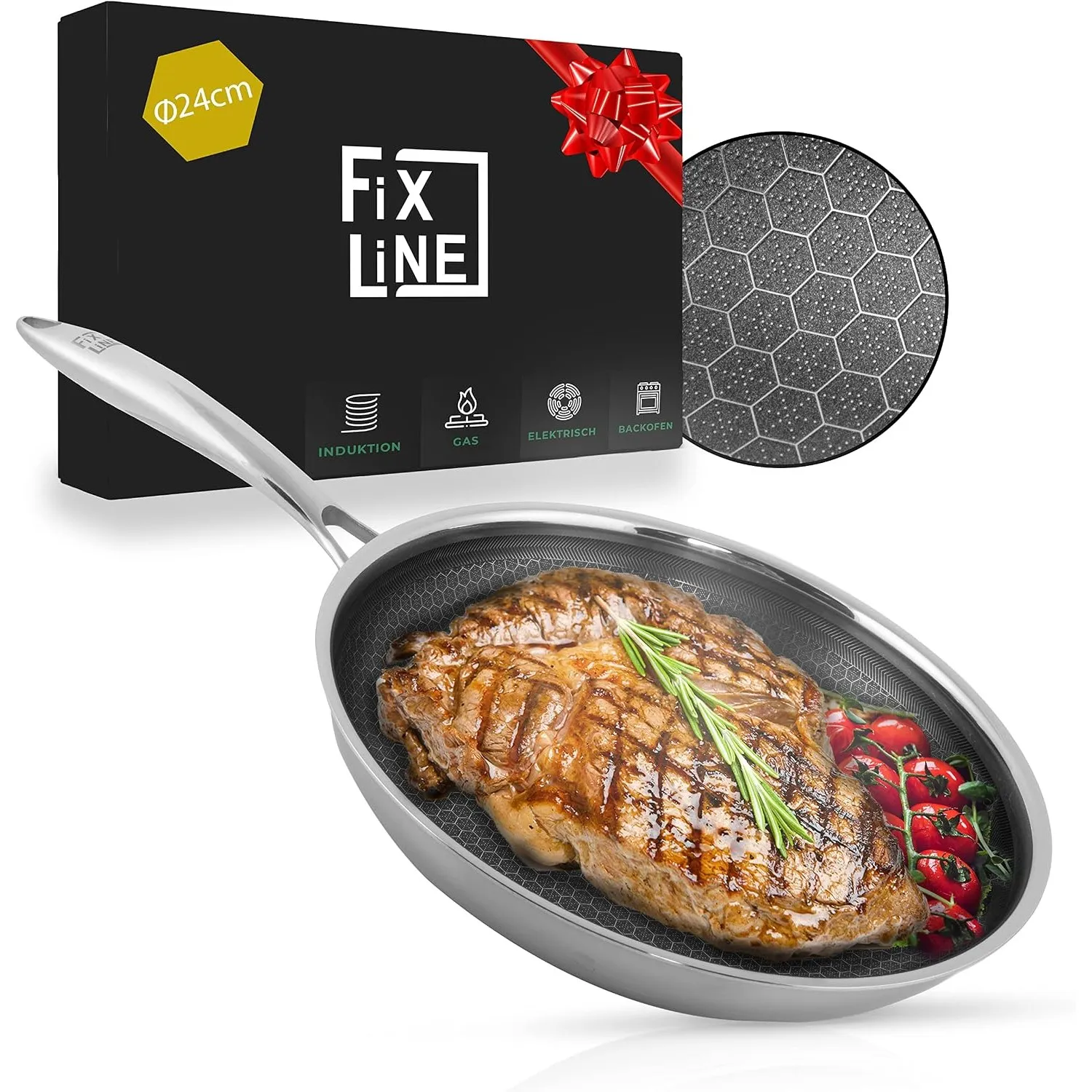FIXLINE® Premium Wabenpfanne Ø24cm - alle Herdarten inkl. Induktion - Kratzfeste Antihaftbeschichtung - Backofen bis 23…