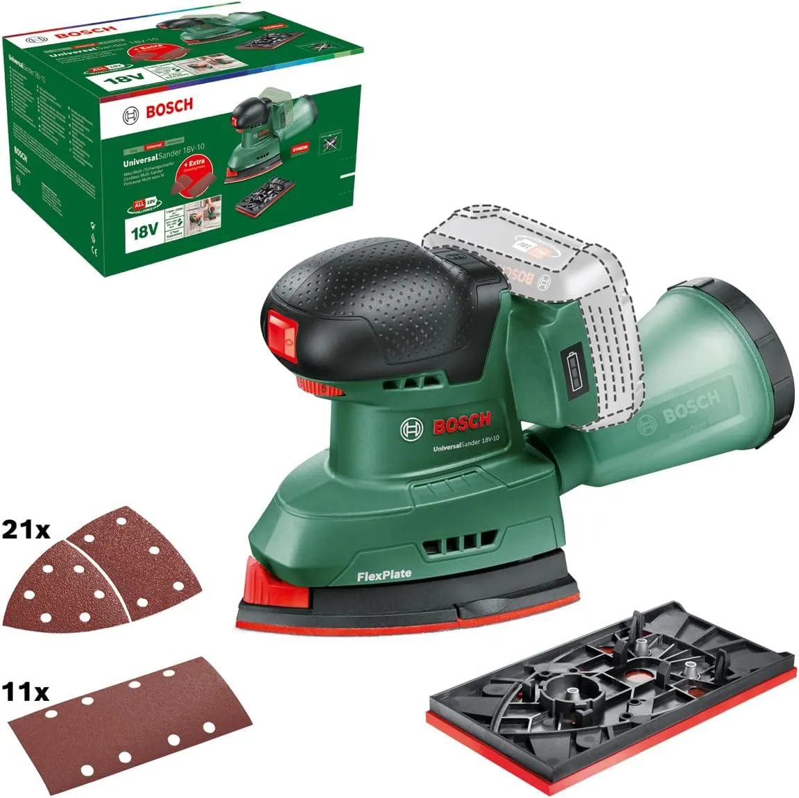 Bosch Akku-Schleifer UniversalSander 18V-10 (ohne Akku; 18 Volt System; für die DIY-Holzbearbeitung; 32x Schleifpapier;…