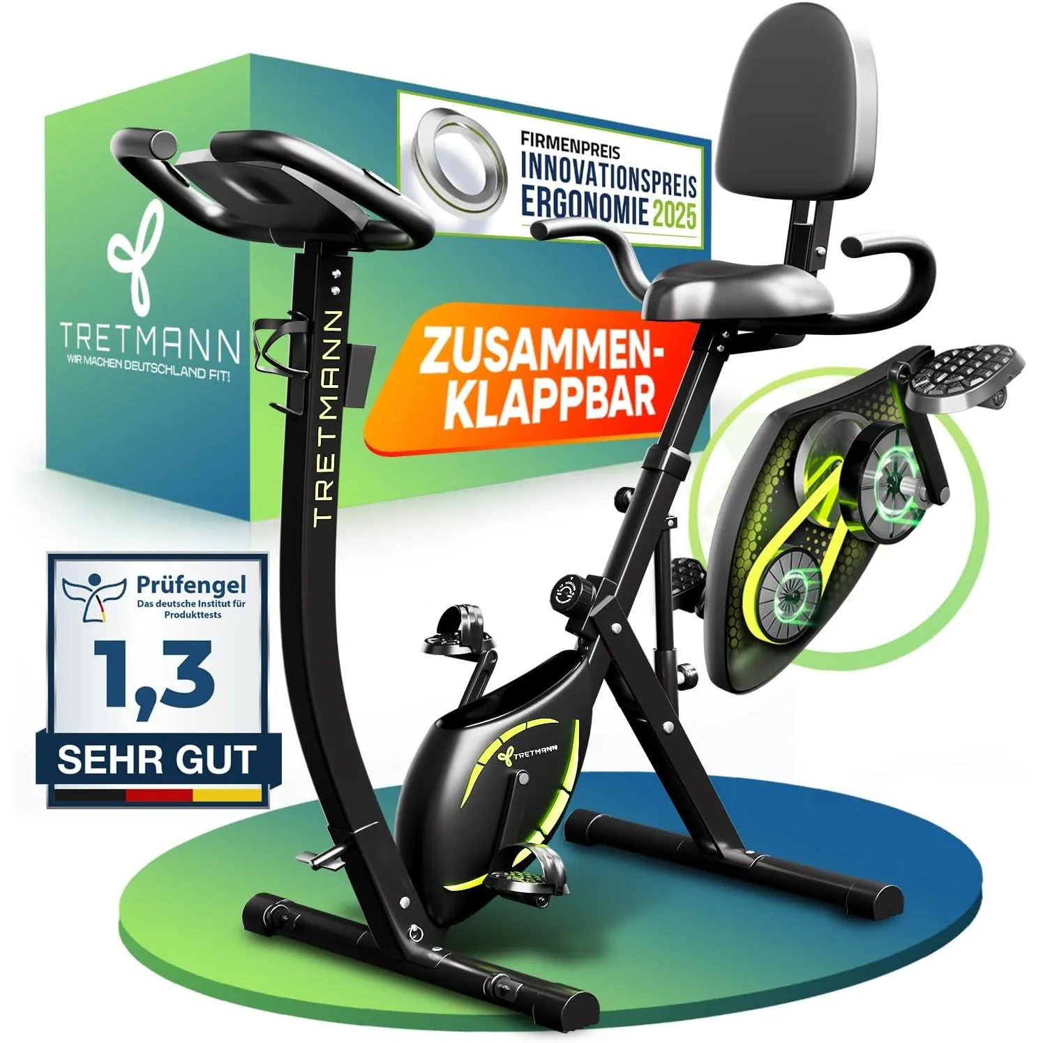 Tretmann NEU 3in1 Heimtrainer Fahrrad klappbar -extra leise & komfortabel - [SoftFoam] DEKRA geprüft - mit tiefem Einst…