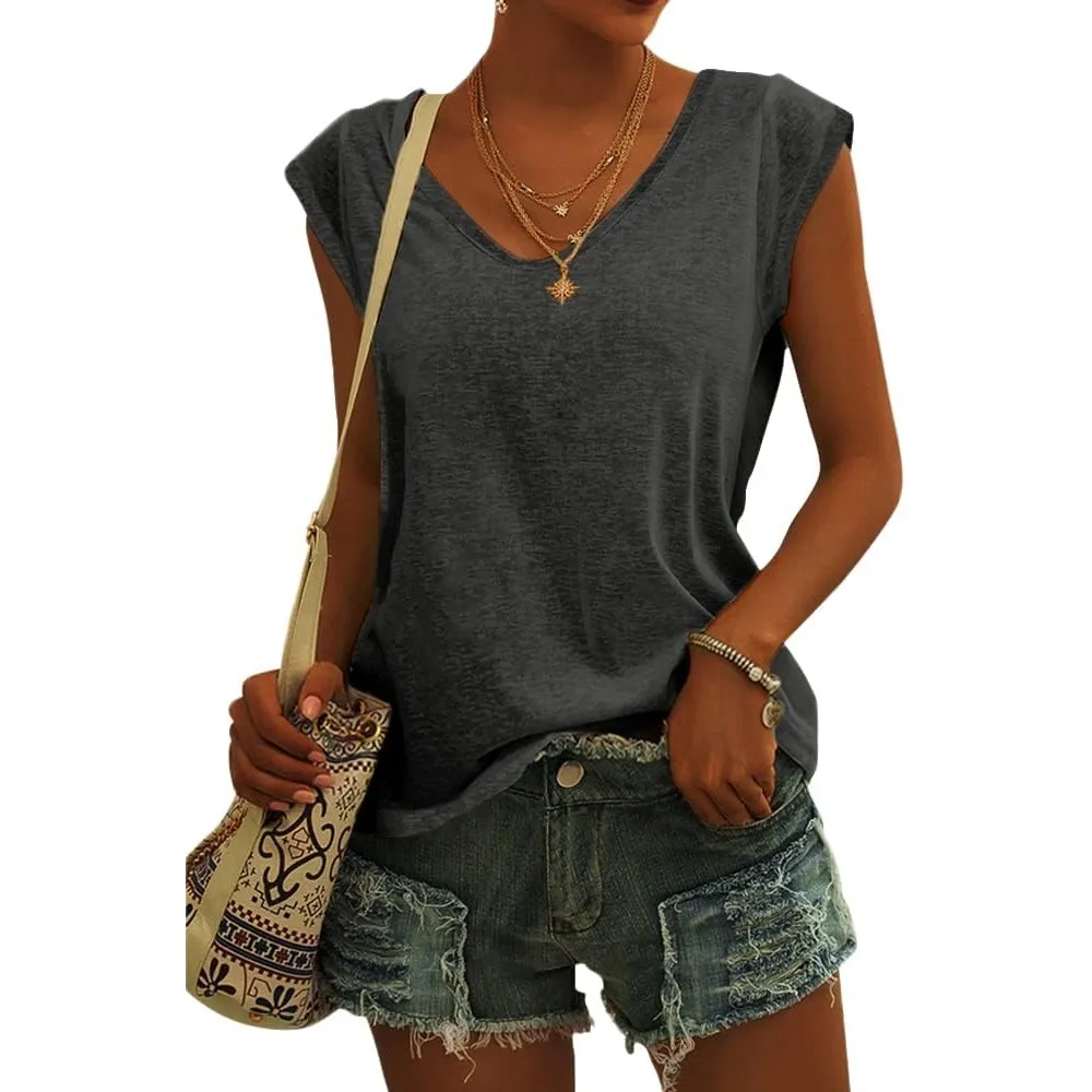 GeGekoko Damen T-Shirt Kurzarm V-Ausschnitt Flügelärmeln Oberteile Blusen Sommer Casual Lose Tank Top Basic Mädchen Tops