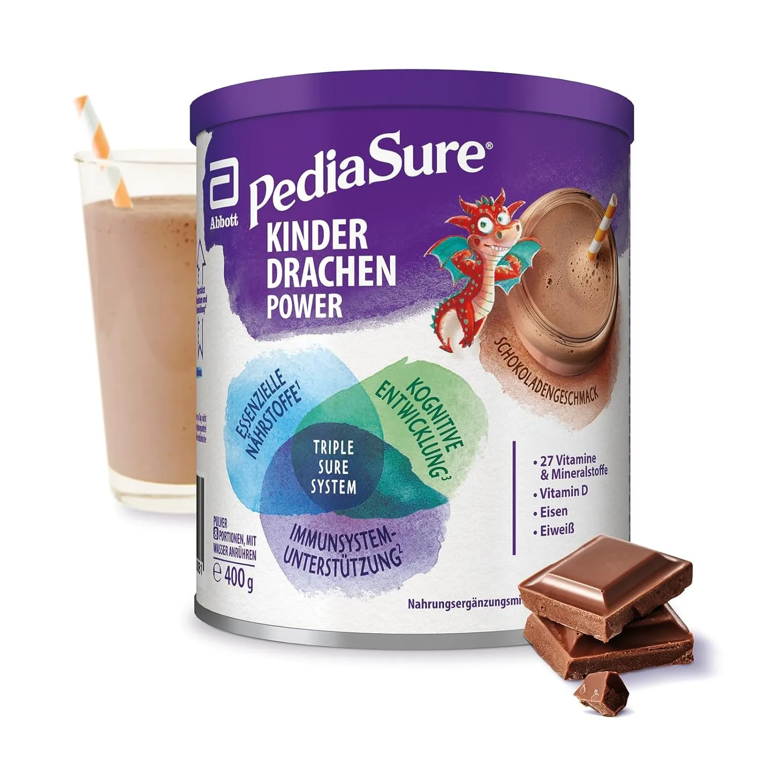 Pediasure Kinder Drachen Power Schoko 400g| leckerer Nahrungsergänzungsshake für Kinder ab 1 Jahr|mit 27 Vitaminen & Mi…