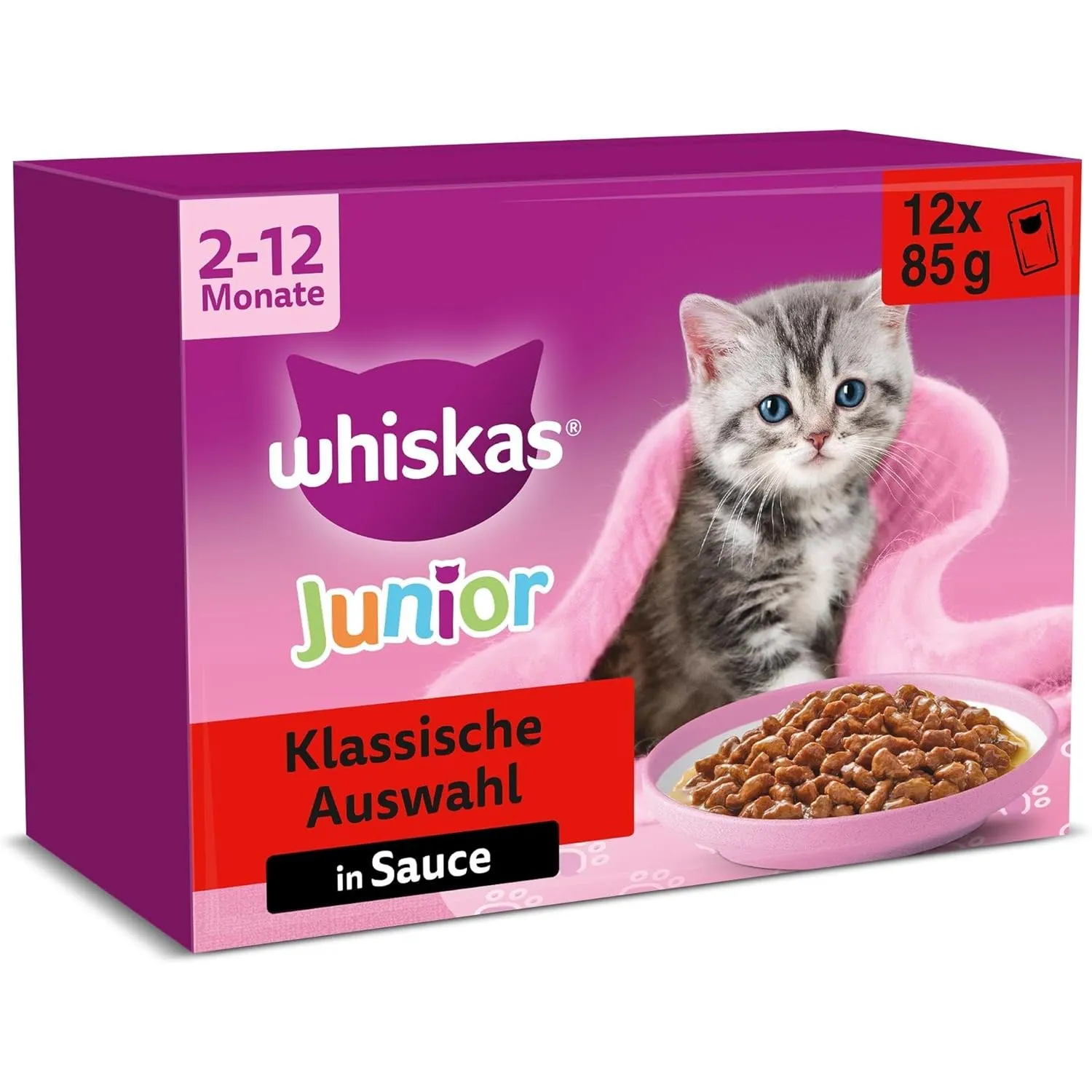 Whiskas Junior Katzennassfutter Klassische Auswahl in Sauce, 48 Portionsbeutel, 12x85g (4er Pack) – Hochwertiges Katzen…