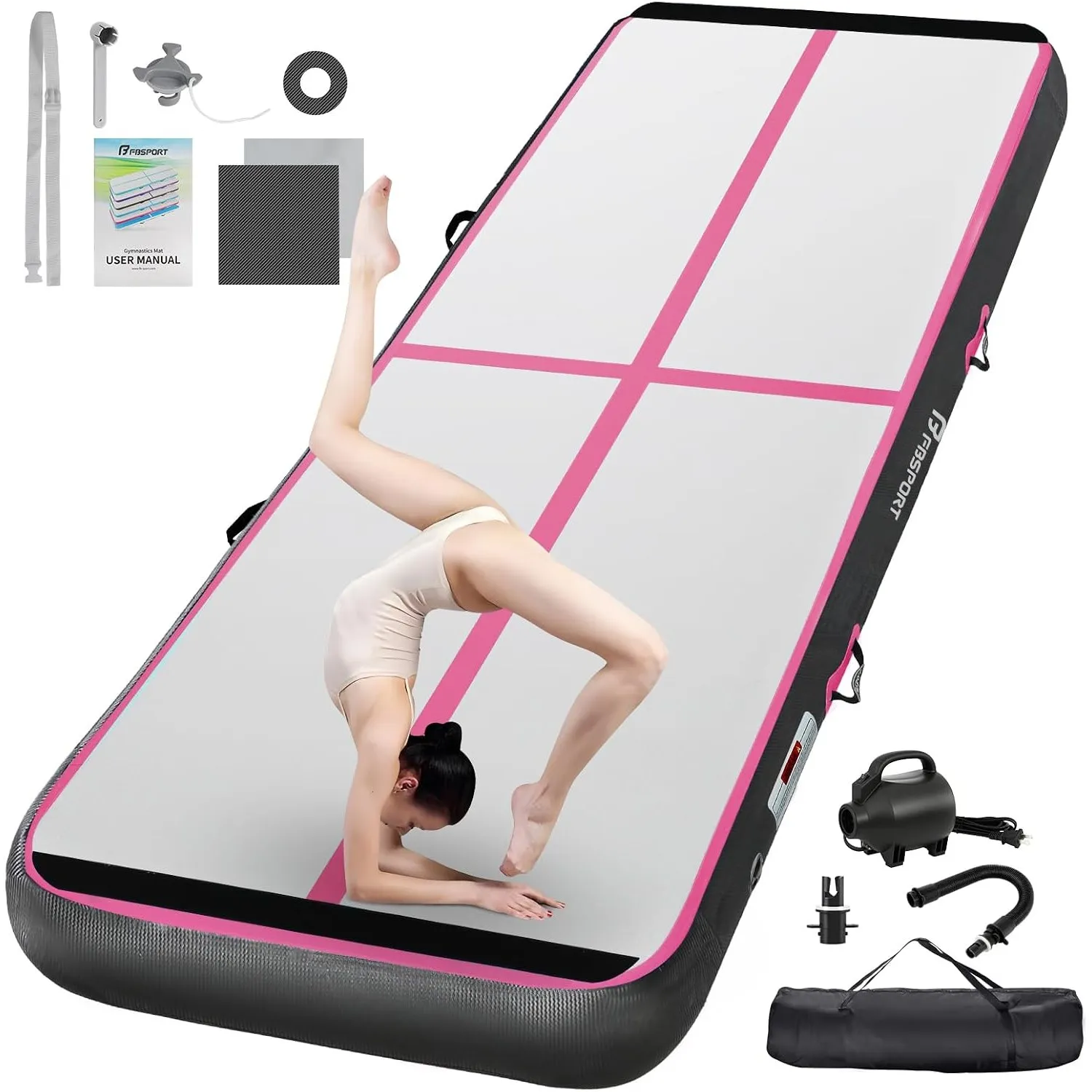 FBSPORT Airtrack Matte,10/20cm Hoch Verdicken 2/3/4/5/6 M Tumbling Matte,Gymnastikmatte mit Luftpumpe,Trainingsmatte mi…