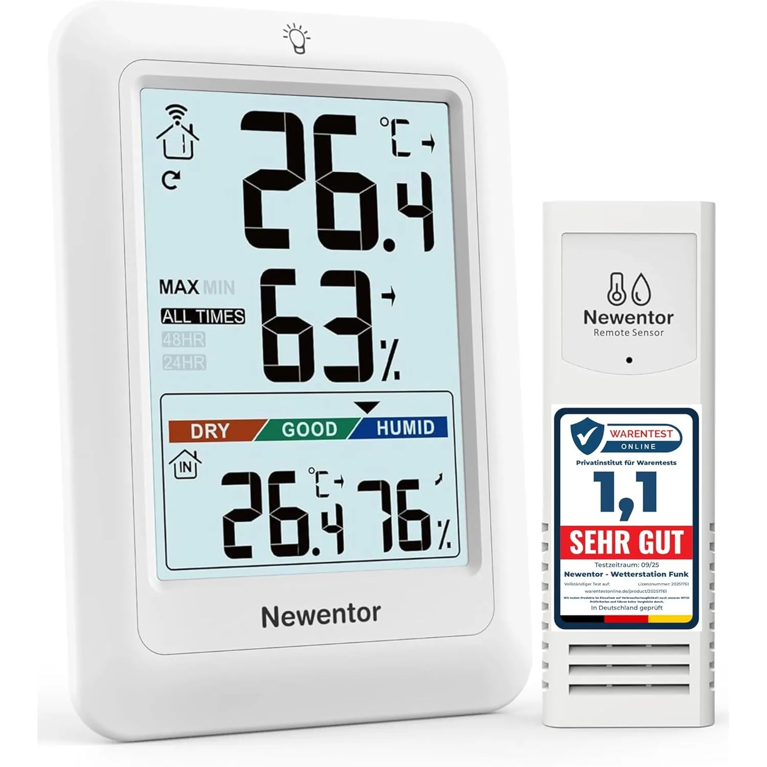 Newentor Thermometer innen außen MAX MIN 24/48 Std | Große Ziffern für einfaches Ablesen, Wetterstation Funk mit Außens…
