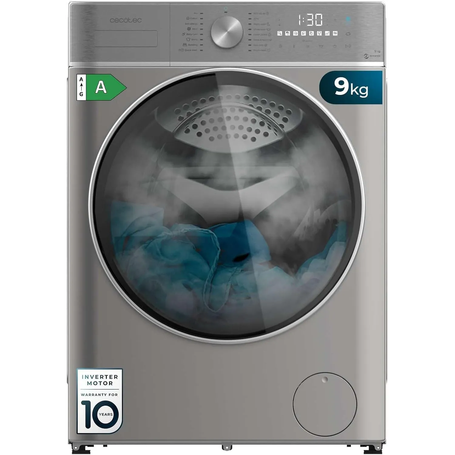 Cecotec Frontlader-Waschmaschine 9kg Bolero DressCode 9800 Inverter Steel, 1400U/min, Energieeffizienzklasse A, 16 Prog…