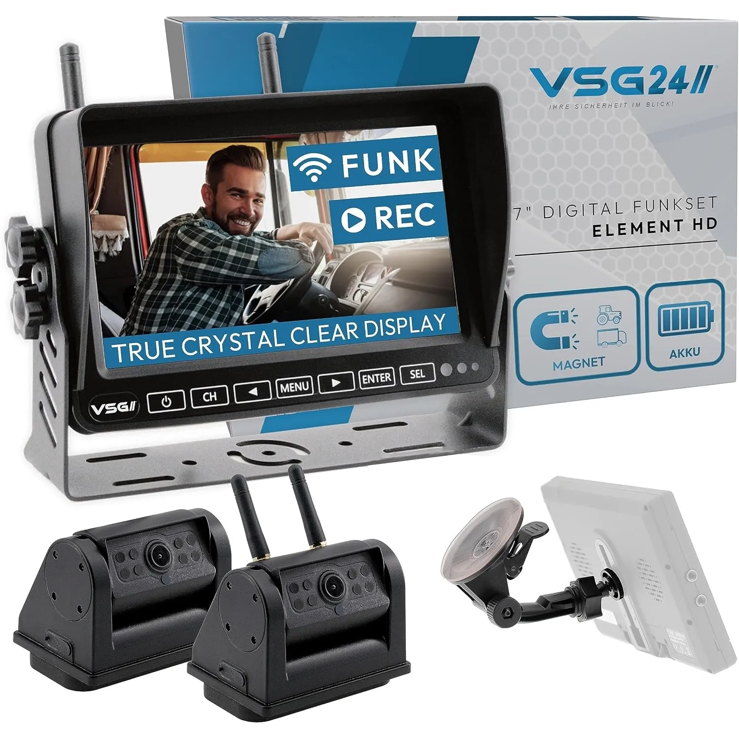 VSG24 Element HD Funk Rückfahrkamera Set – 7 Zoll HD Monitor – wetterfeste IP68 2 Akku-Magnetkameras – Splitscreen – 14…