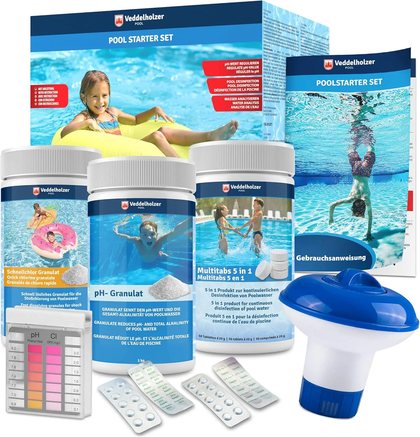 Veddelholzer 5 in 1 Pool Cleaning Set, Pool Cleaner, Tester pH, pH Minus Granules, Chlorine Tablets for Pool 20 g, Chlo…