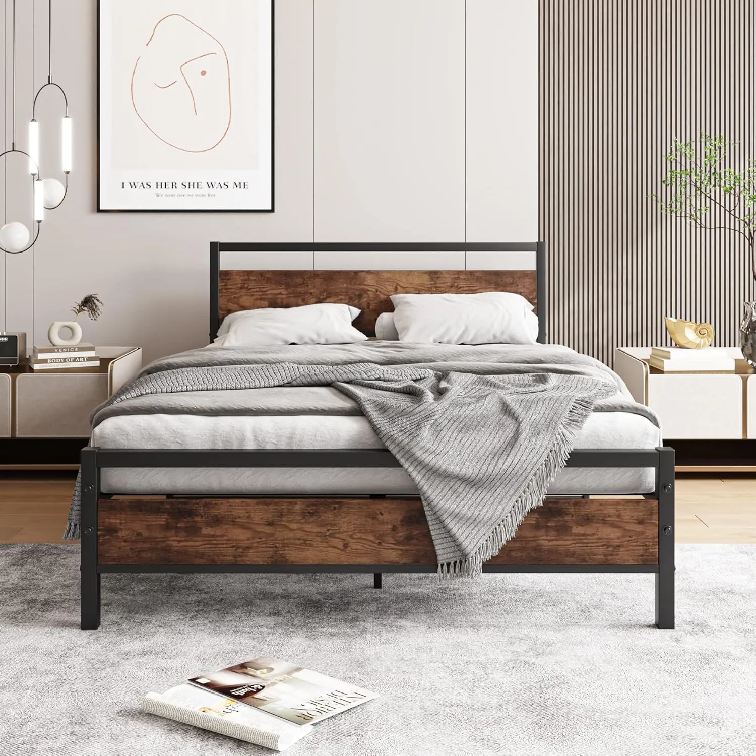 HOJINLINERO Bettgestell 120 x 200 Metallbett Doppelbett mit Kopfteil Braun