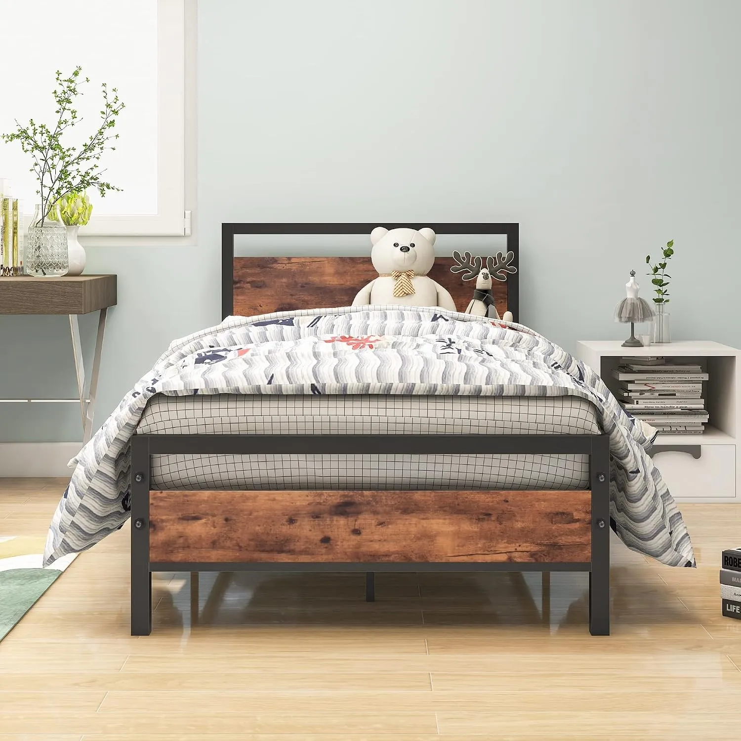 HOJINLINERO Bett 90 x 200,Metallbett Einzelbetten mit Lattenrost Braun