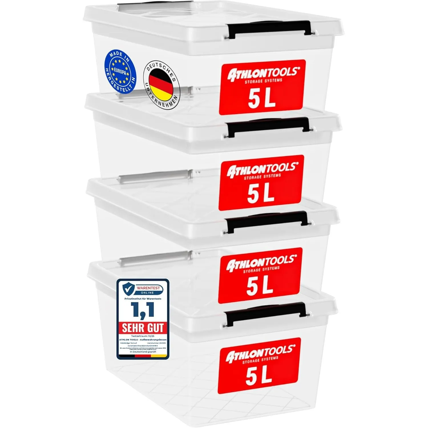 ATHLON TOOLS 4 x 5 L Aufbewahrungsboxen mit Deckel, lebensmittelecht