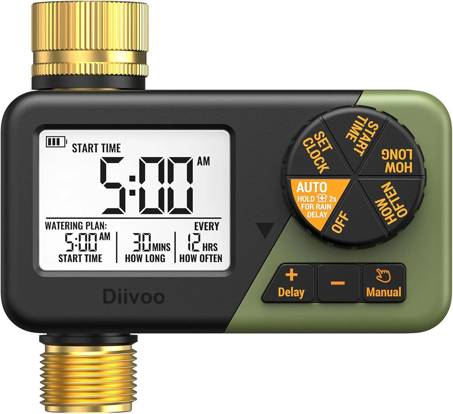 Diivoo IP66 Irrigation Computer, Brass Inputs/Outputs, Large LCD Display, Watering Clock with Rain Delay, Automatic & M…