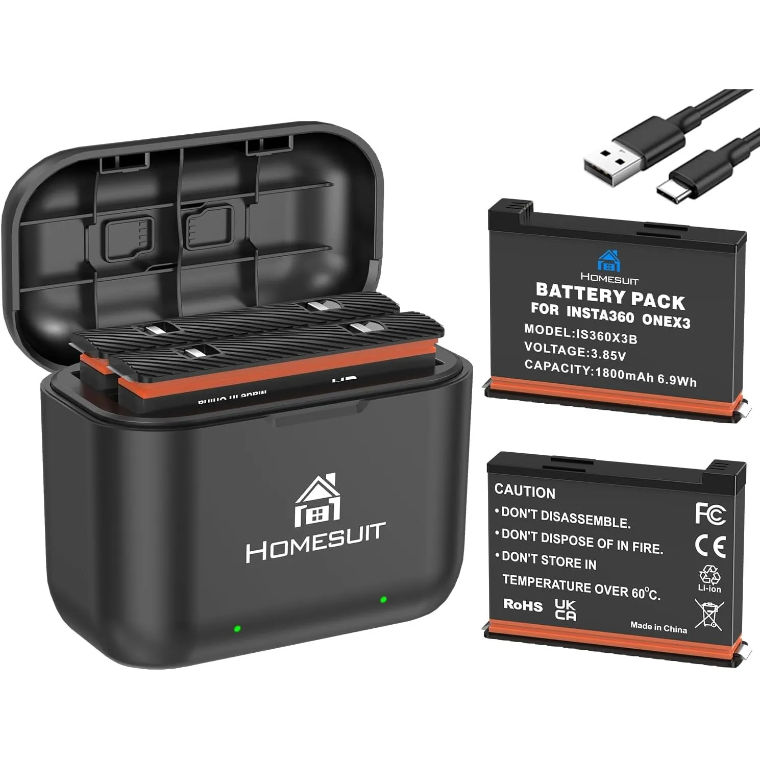 Homesuit Insta 360 X3 Akku 1800mAh und USB LED Ladegerät Bausatz mit Speicherkartensteckplatz Kompatibel mit Insta360 X…