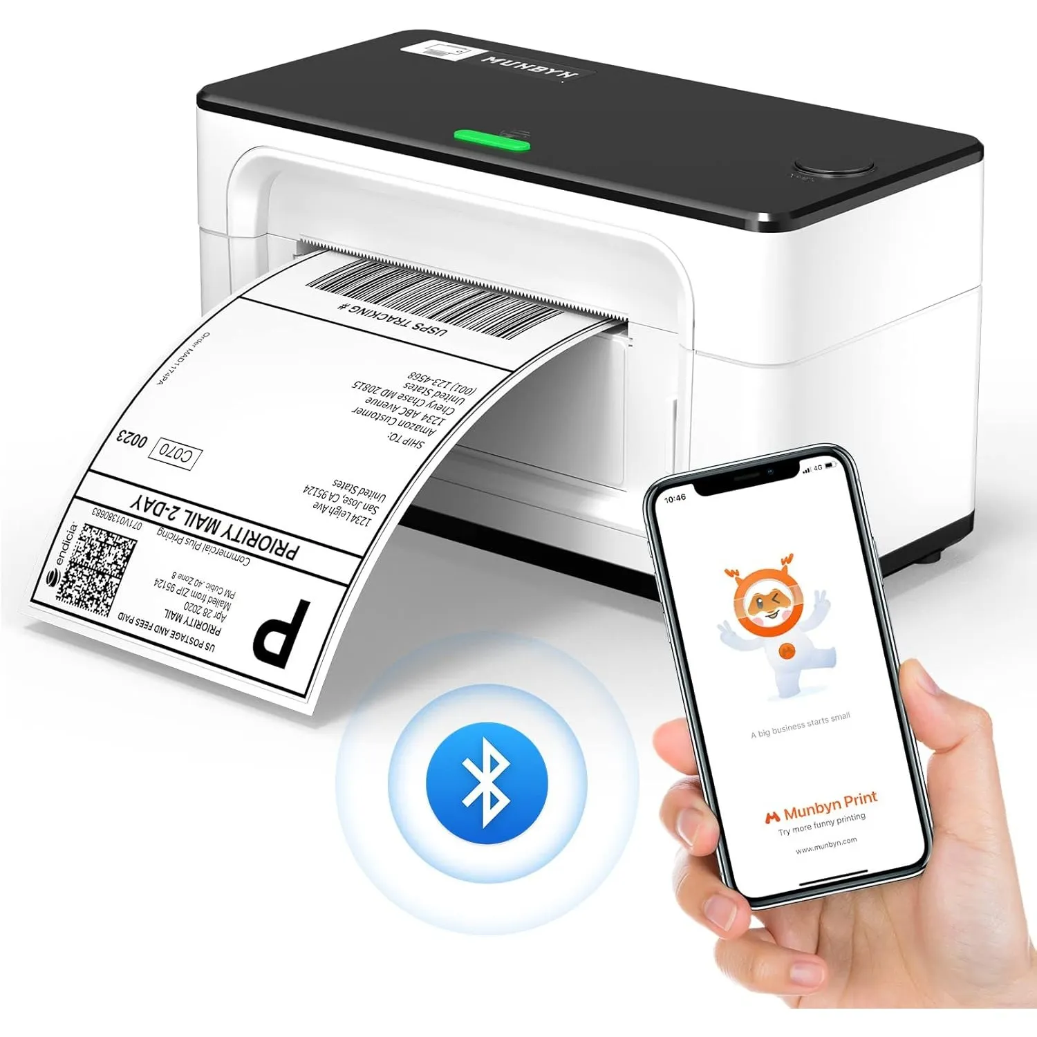 MUNBYN Bluetooth Etikettendrucker, 4x6 Versandetikett Drucker, Weiß, 941B