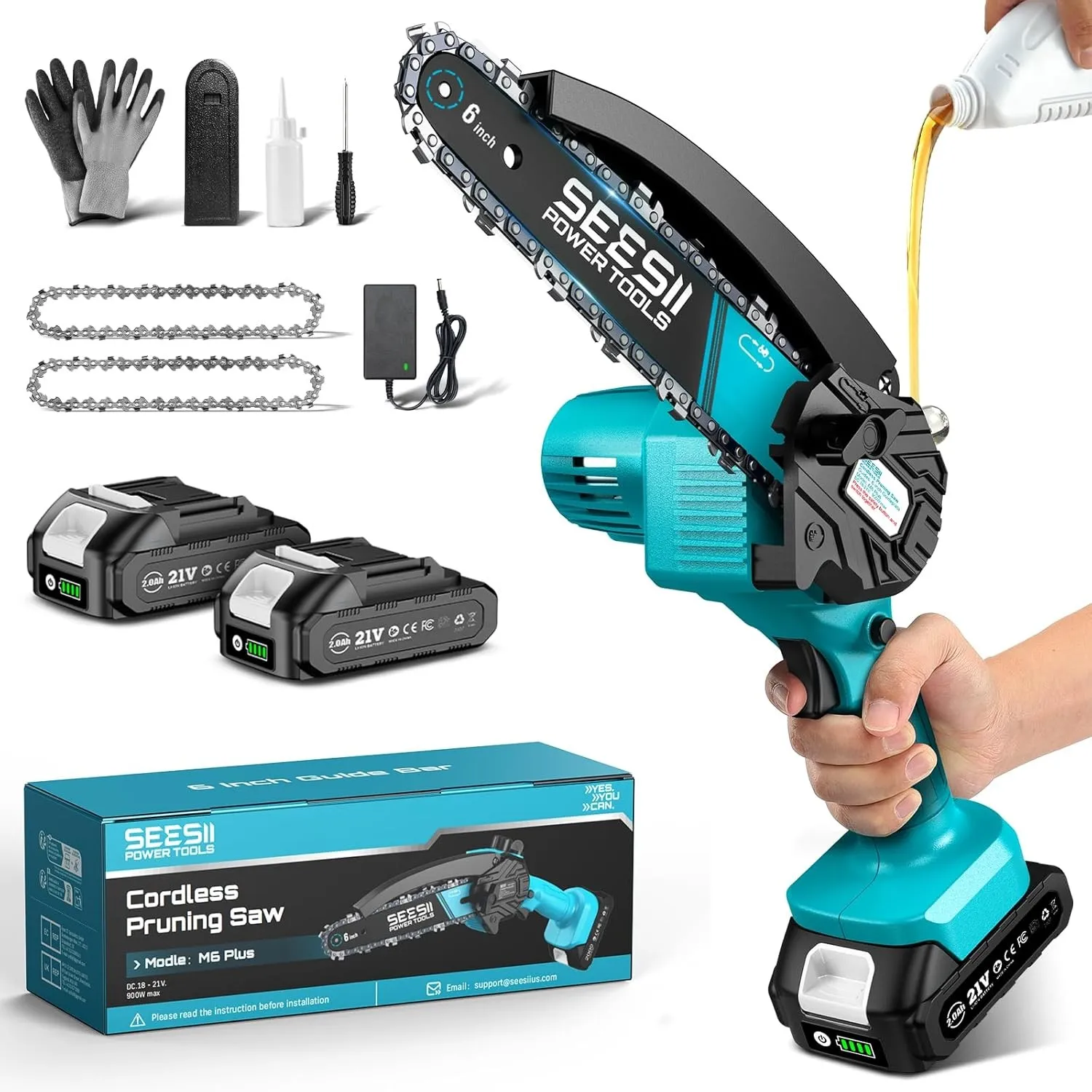 SEESII Mini Kettensäge mit Akku 6 Zoll, Kettensäge Elektrisch mit Auto-Oil | Akku kettensäge mit 2 Akku 2000mAh, Handke…