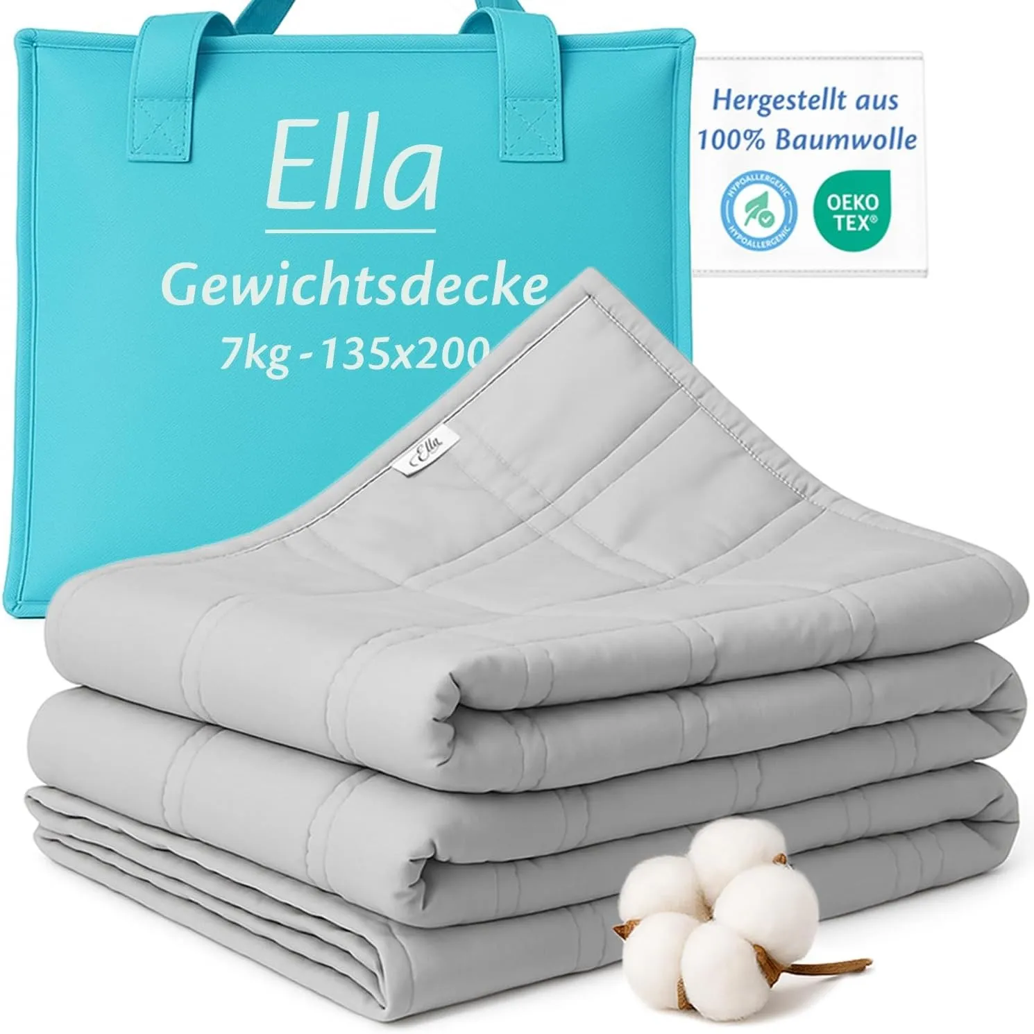 Ella Gewichtsdecke 135x200 7kg - Anti Stress Therapiedecke - Schwere Decke aus 100% Baumwolle - Bettdecke für tiefen Sc…