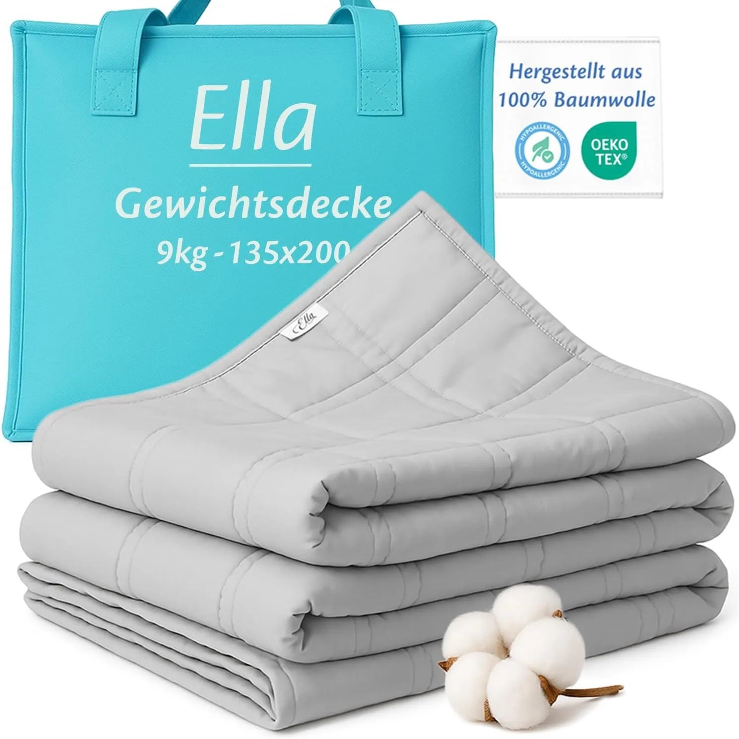 Ella Gewichtsdecke 135x200 9kg - Anti Stress Therapiedecke - Schwere Decke aus 100% Baumwolle - Bettdecke für tiefen Sc…