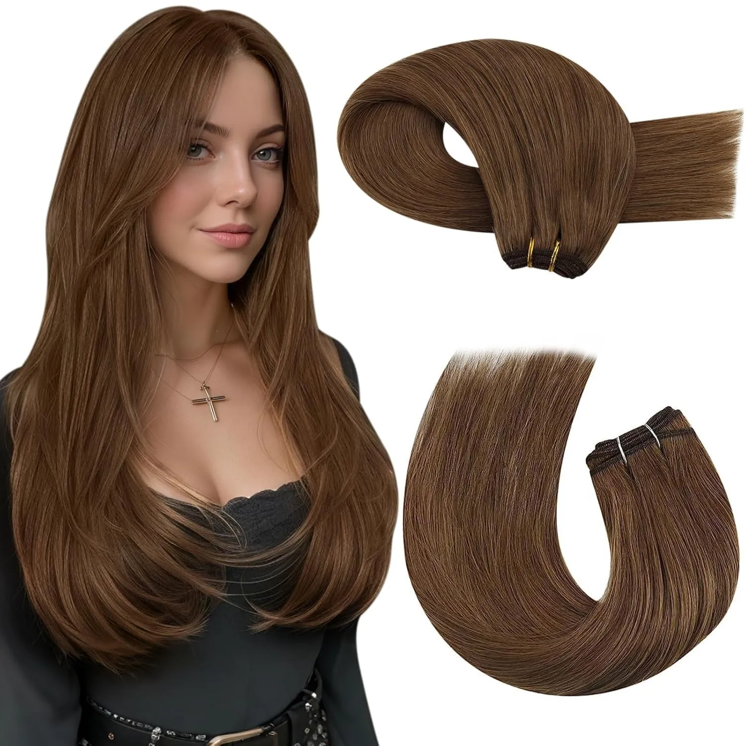 Moresoo Tressen Extensions Echthaar Natürlich Kastanienbraun #8 50 cm 100g